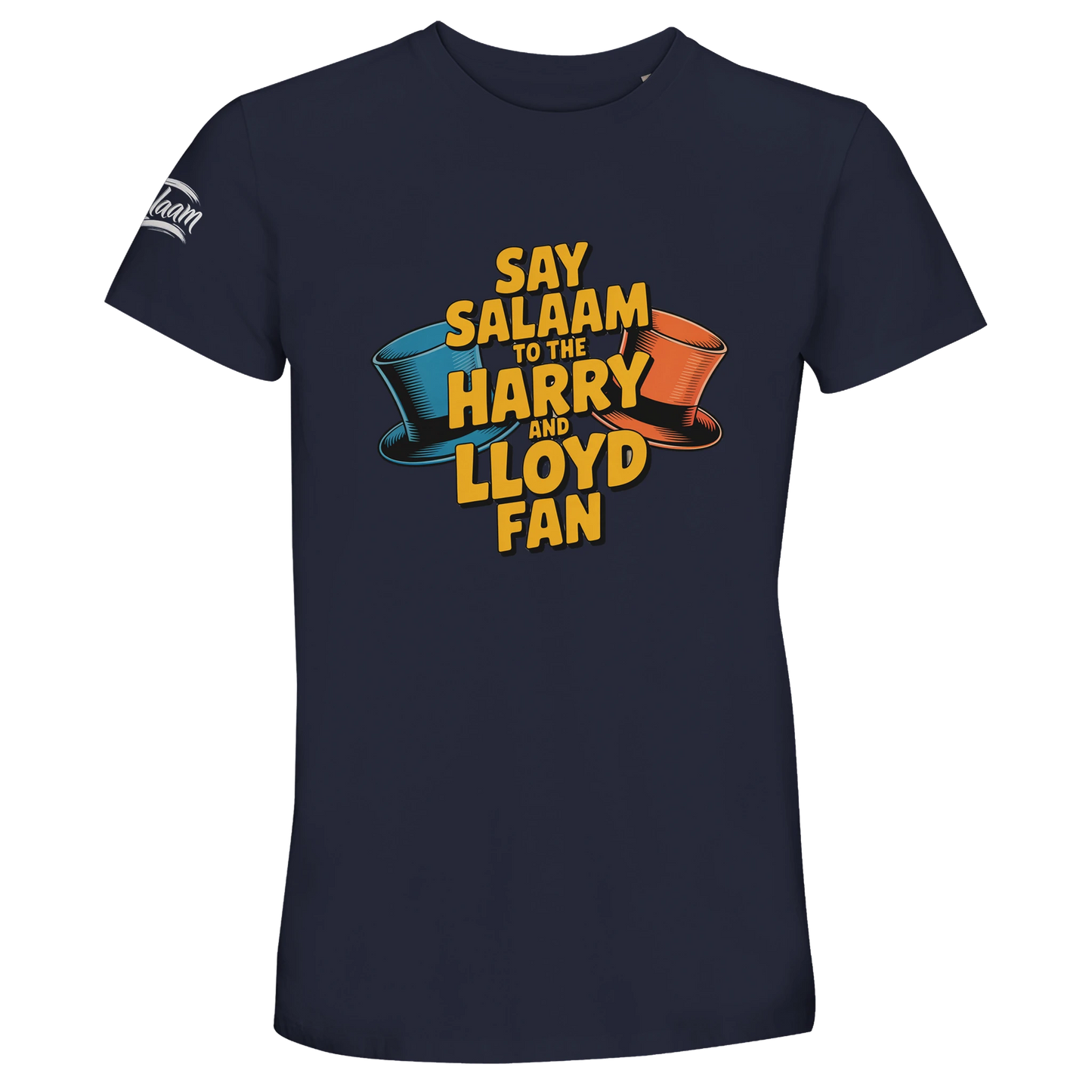 French Navy / Ebony Clay unisex cotton t-shirt displaying the Say Salaam to the Harry and Lloyd Fan design inspired by Dumb and Dumber. A nod to Jim Carrey and Jeff Daniels’ cult classic comedy, capturing the spirit of road trip madness, ridiculous loyalty and timeless slapstick humour. Rich navy base enhances the bold graphic while keeping the peaceful message front and centre.