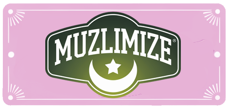 Muzlimize logo with bold white text on a green and black shield-style emblem featuring a crescent moon and star. Muzlimize playfully reimagines Muslim identity and pop culture, blending humour, branding, and alternate reality aesthetics into apparel.