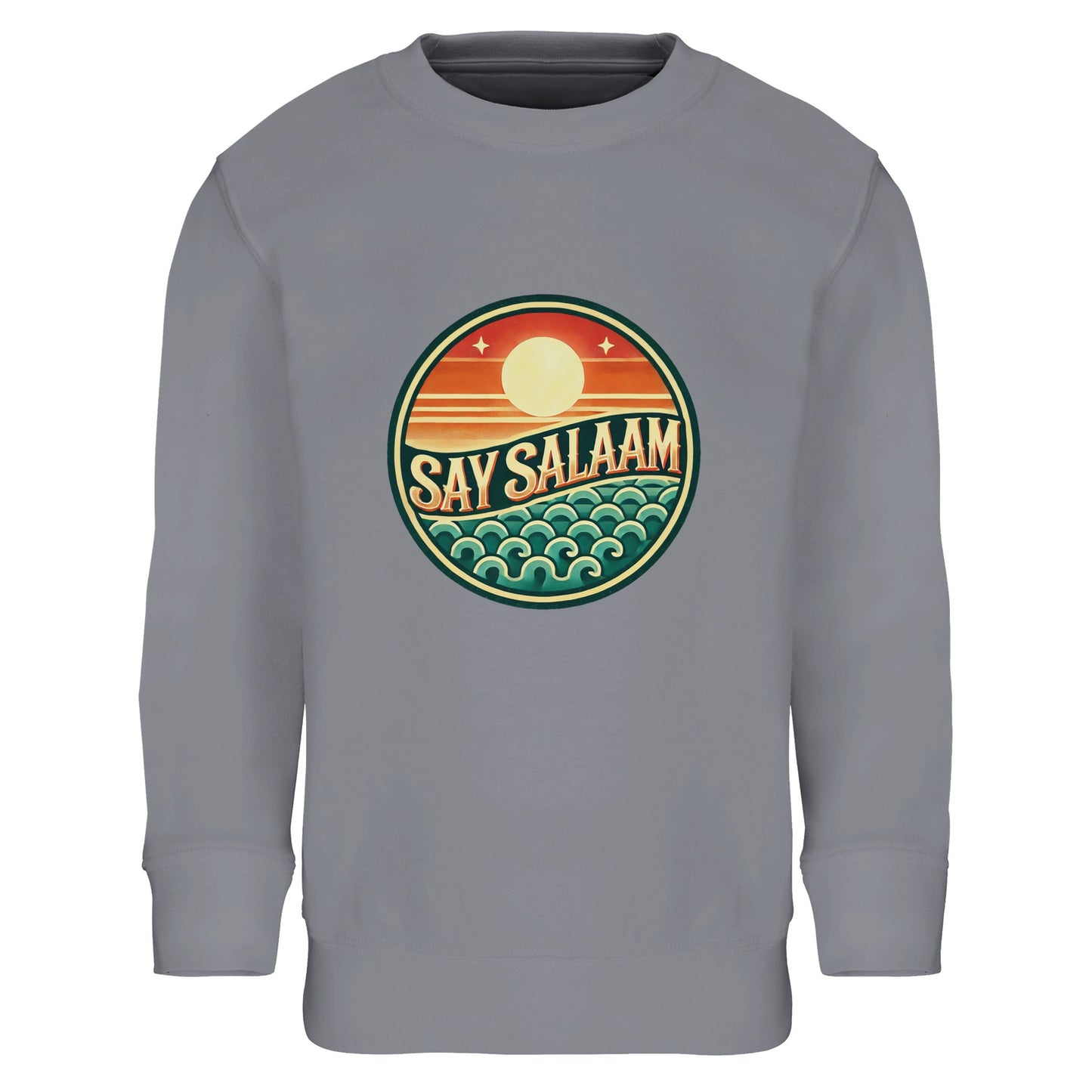 Say Salaam Sunset Glow Part-Recycled Cotton-Poly Kids Sweatshirt in Grey Melange, a heather grey marl tone also known as classic athletic grey blend. The vibrant circular sunset emblem stands out clearly against the textured neutral base. Crafted from an 80% cotton and 20% recycled polyester blend with brushed fleece lining for warmth. Ribbed cuffs and hem provide structure and durability for school, football and everyday modest outfits. A versatile unisex children’s sweatshirt.