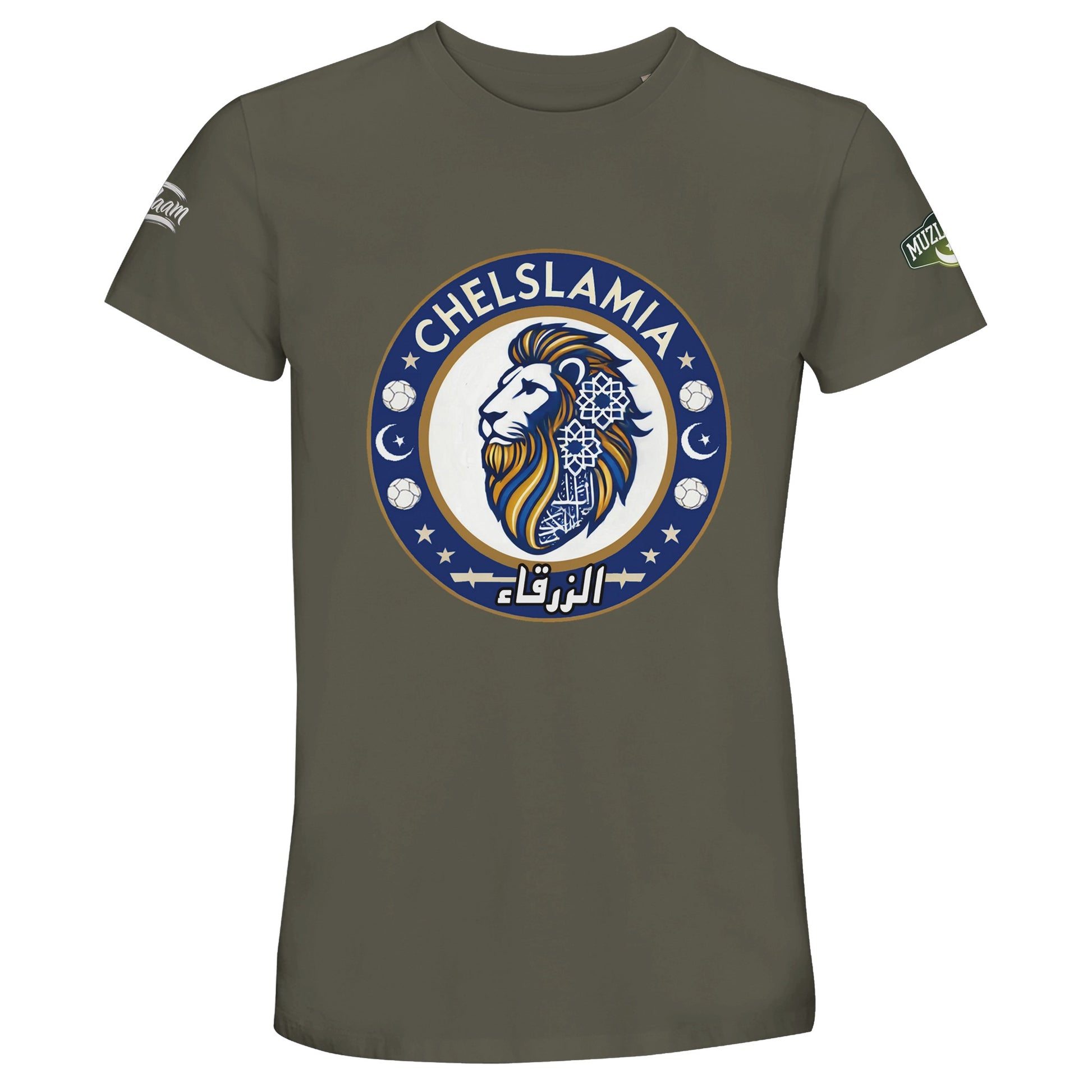 Muzlimize Chelslamia Recycled Unisex Cotton T-Shirt. Army / Fuscous Grey Chelsea lion with Islamic geometric patterns, footballs, crescent moons, and Arabic text. A bold fusion of football culture, faith, and sustainable fashion for fans keeping blue flags flying high.