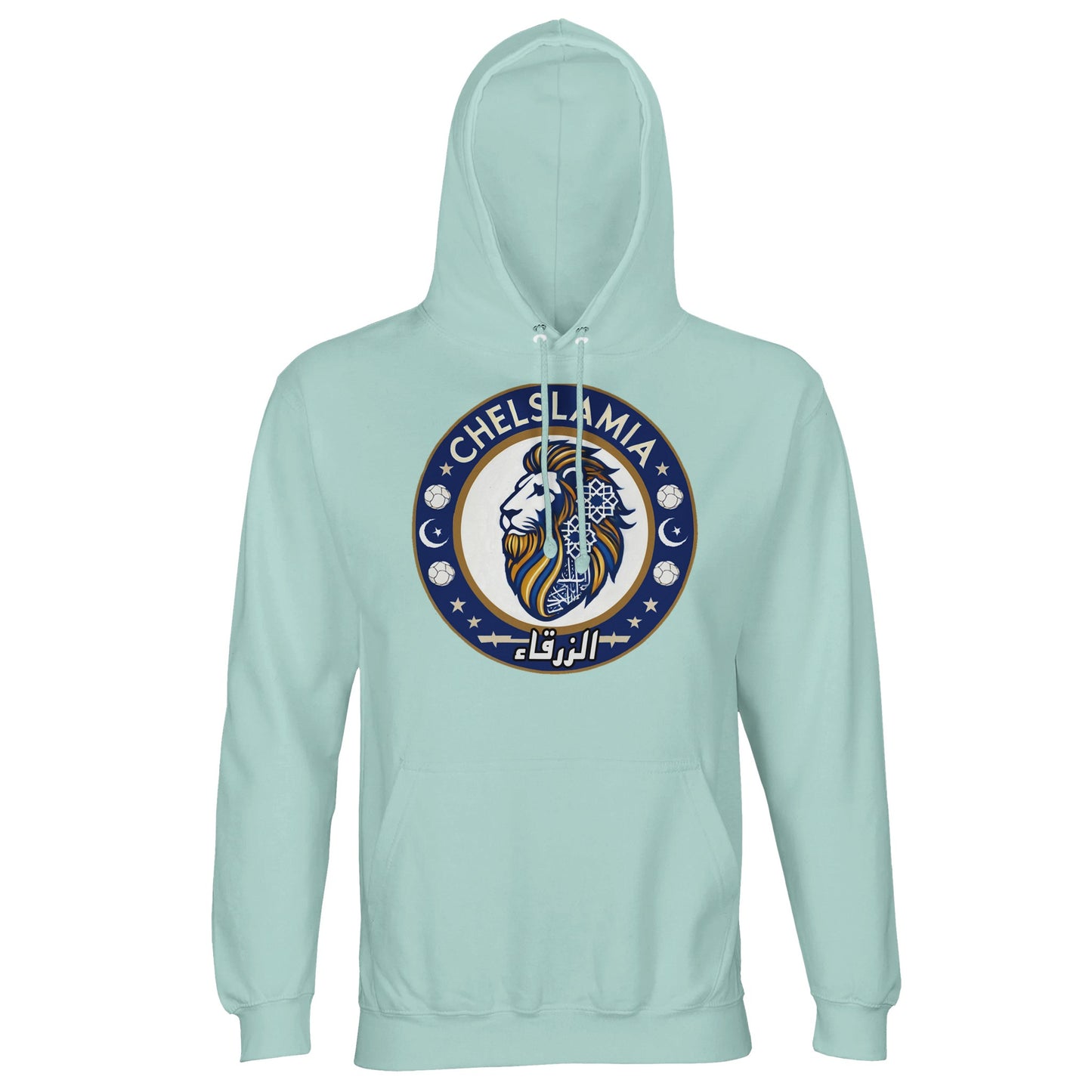 Muzlimize Chelslamia Part Recycled Unisex Cotton-Poly Hoodie. Arctic Blue / Opal Chelsea lion with Islamic geometric patterns, footballs, crescent moons, and Arabic text. A bold fusion of football culture, faith, and sustainable fashion for fans keeping blue flags flying high.