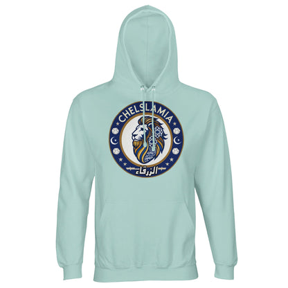 Muzlimize Chelslamia Part Recycled Unisex Cotton-Poly Hoodie. Arctic Blue / Opal Chelsea lion with Islamic geometric patterns, footballs, crescent moons, and Arabic text. A bold fusion of football culture, faith, and sustainable fashion for fans keeping blue flags flying high.