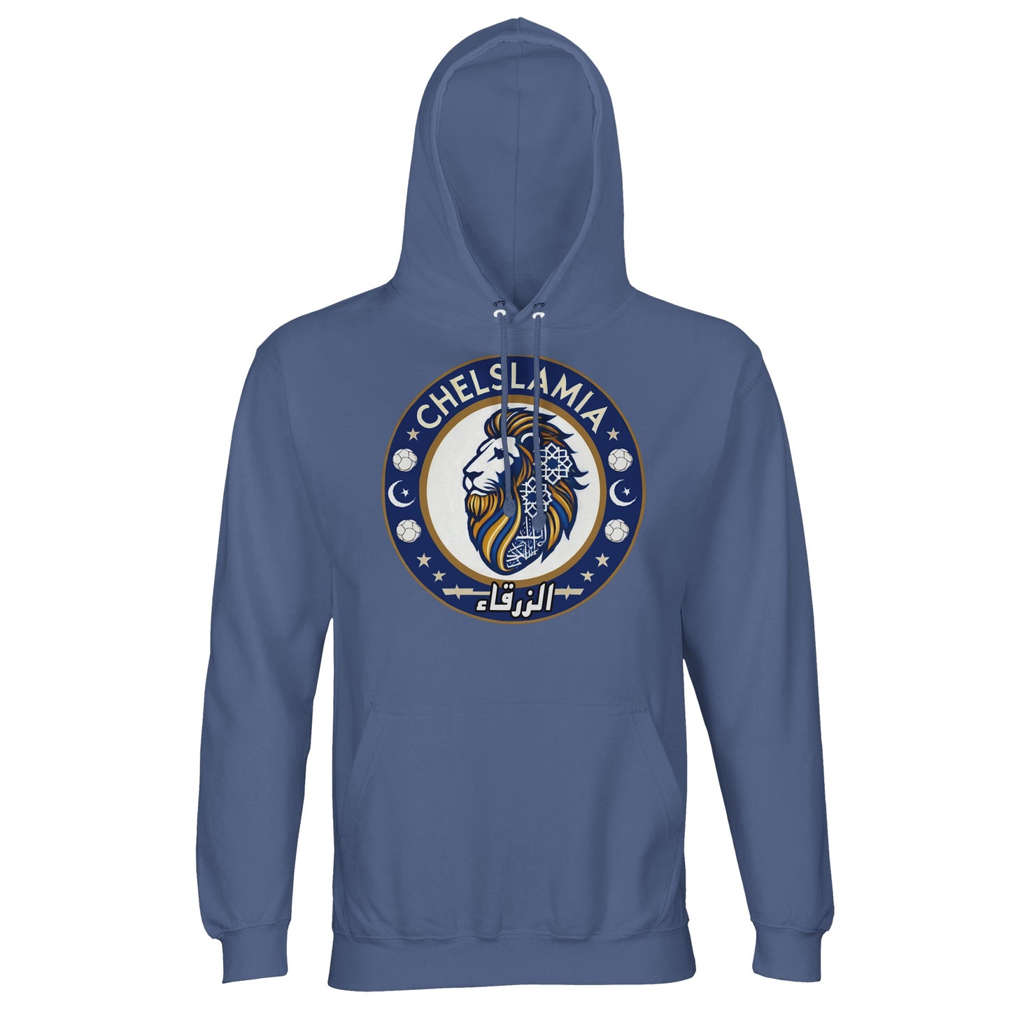 Muzlimize Chelslamia Part Recycled Unisex Cotton-Poly Hoodie. Blue / Dusk Chelsea lion with Islamic geometric patterns, footballs, crescent moons, and Arabic text. A bold fusion of football culture, faith, and sustainable fashion for fans keeping blue flags flying high.
