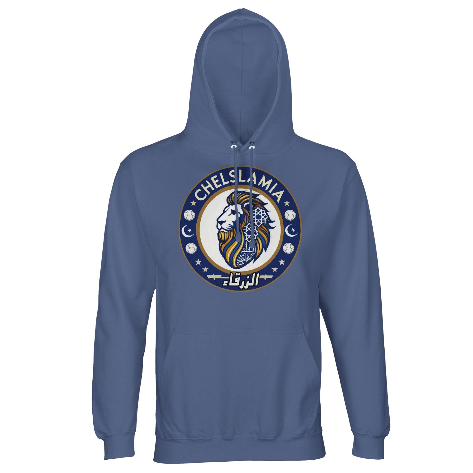 Muzlimize Chelslamia Part Recycled Unisex Cotton-Poly Hoodie. Blue / Dusk Chelsea lion with Islamic geometric patterns, footballs, crescent moons, and Arabic text. A bold fusion of football culture, faith, and sustainable fashion for fans keeping blue flags flying high.