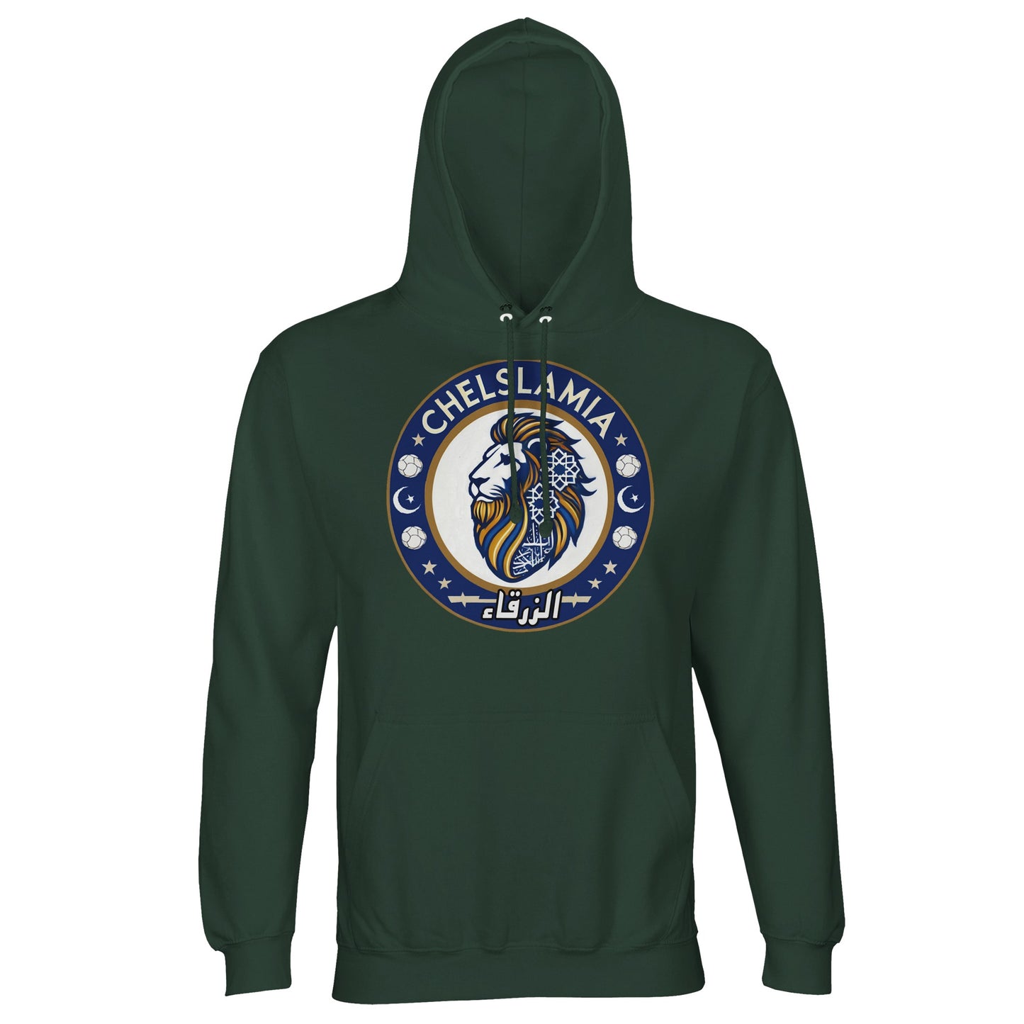 Muzlimize Chelslamia Part Recycled Unisex Cotton-Poly Hoodie. Bottle Green / Outer Space Chelsea lion with Islamic geometric patterns, footballs, crescent moons, and Arabic text. A bold fusion of football culture, faith, and sustainable fashion for fans keeping blue flags flying high.