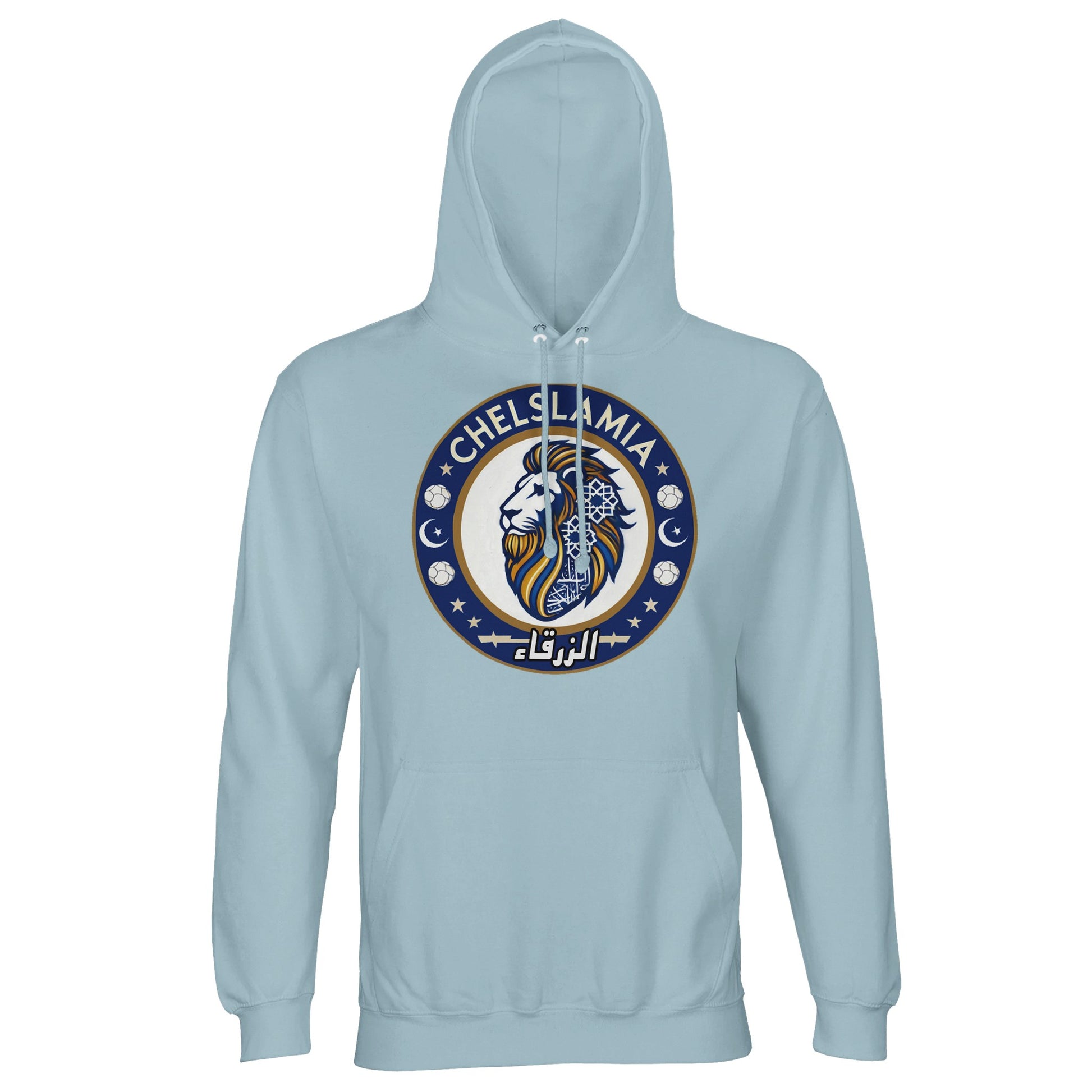 Muzlimize Chelslamia Part Recycled Unisex Cotton-Poly Hoodie. Creamy Blue / Cadet Blue Chelsea lion with Islamic geometric patterns, footballs, crescent moons, and Arabic text. A bold fusion of football culture, faith, and sustainable fashion for fans keeping blue flags flying high.