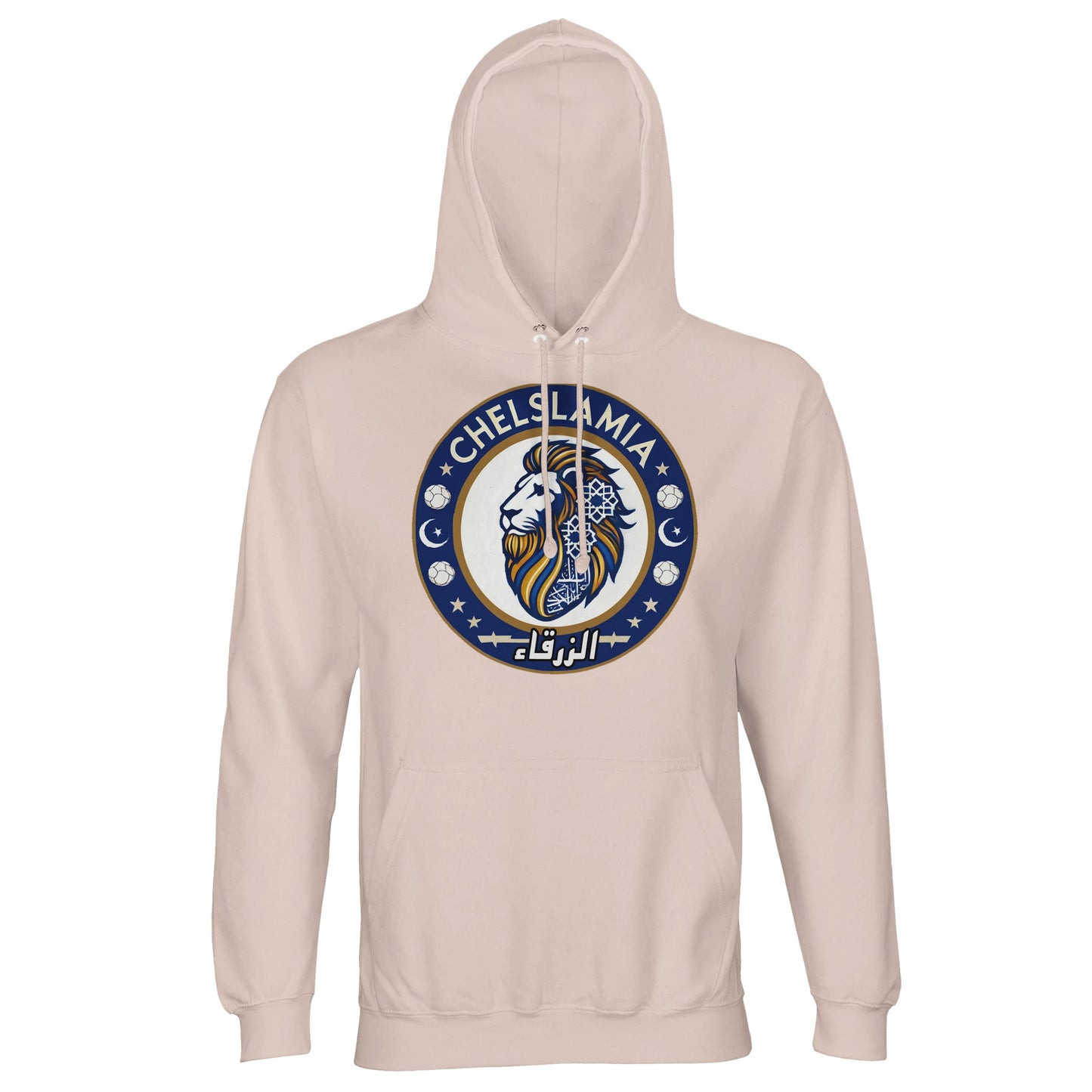 Muzlimize Chelslamia Part Recycled Unisex Cotton-Poly Hoodie. Creamy Pink / Oyster Pink Chelsea lion with Islamic geometric patterns, footballs, crescent moons, and Arabic text. A bold fusion of football culture, faith, and sustainable fashion for fans keeping blue flags flying high.
