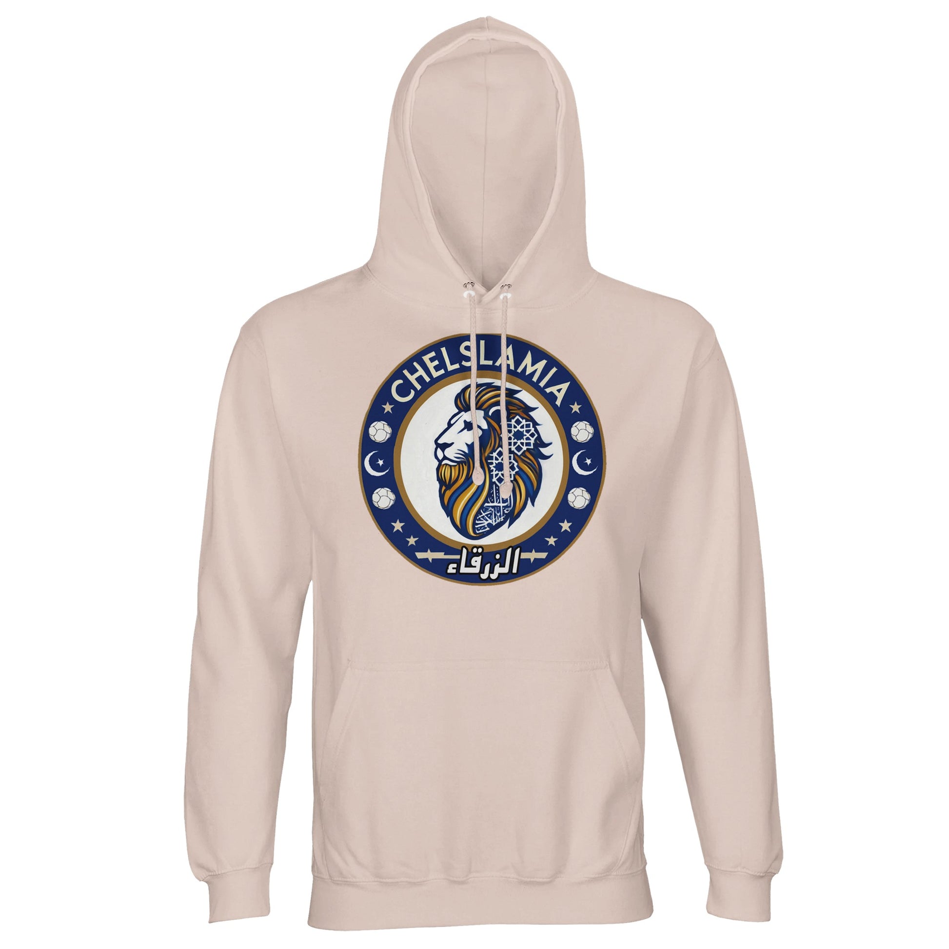 Muzlimize Chelslamia Part Recycled Unisex Cotton-Poly Hoodie. Creamy Pink / Oyster Pink Chelsea lion with Islamic geometric patterns, footballs, crescent moons, and Arabic text. A bold fusion of football culture, faith, and sustainable fashion for fans keeping blue flags flying high.