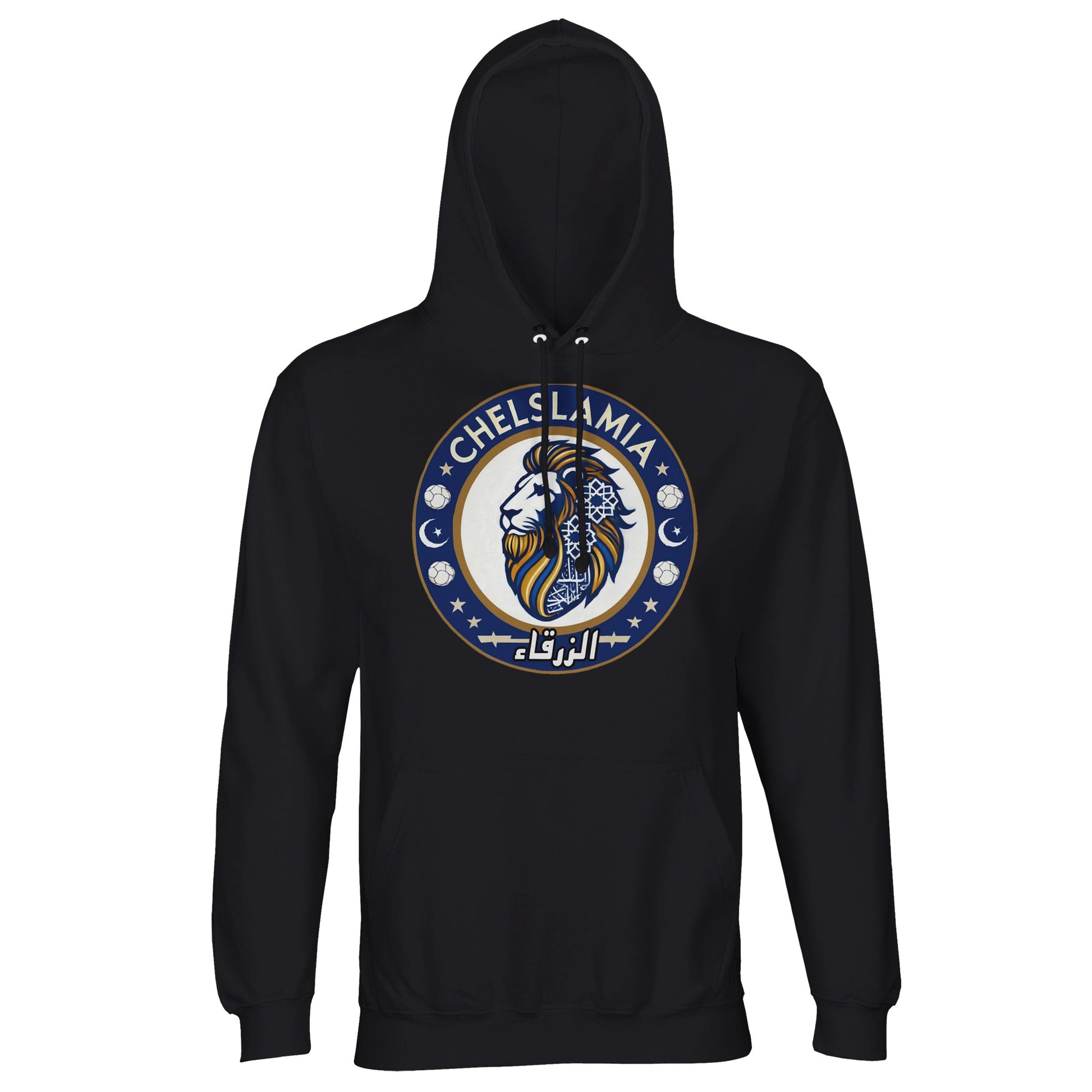 Muzlimize Chelslamia Part Recycled Unisex Cotton-Poly Hoodie. Deep Black / Zeus Blue Chelsea lion with Islamic geometric patterns, footballs, crescent moons, and Arabic text. A bold fusion of football culture, faith, and sustainable fashion for fans keeping blue flags flying high.