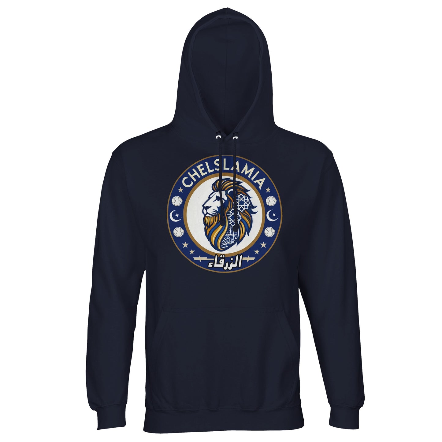 Muzlimize Chelslamia Part Recycled Unisex Cotton-Poly Hoodie. French Navy / Ebony Clay Chelsea lion with Islamic geometric patterns, footballs, crescent moons, and Arabic text. A bold fusion of football culture, faith, and sustainable fashion for fans keeping blue flags flying high.