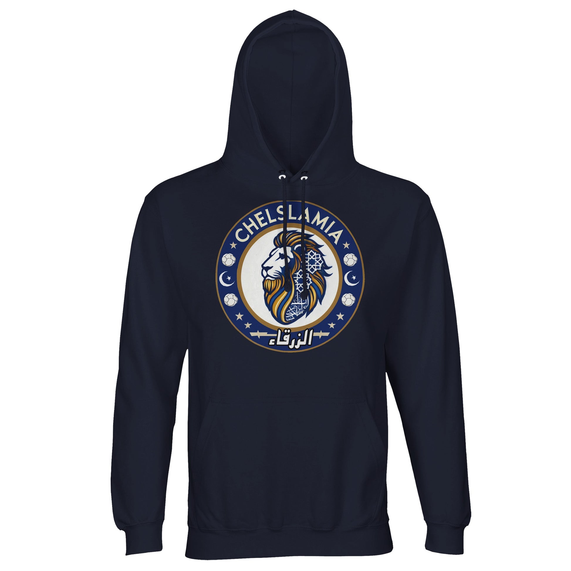 Muzlimize Chelslamia Part Recycled Unisex Cotton-Poly Hoodie. French Navy / Ebony Clay Chelsea lion with Islamic geometric patterns, footballs, crescent moons, and Arabic text. A bold fusion of football culture, faith, and sustainable fashion for fans keeping blue flags flying high.