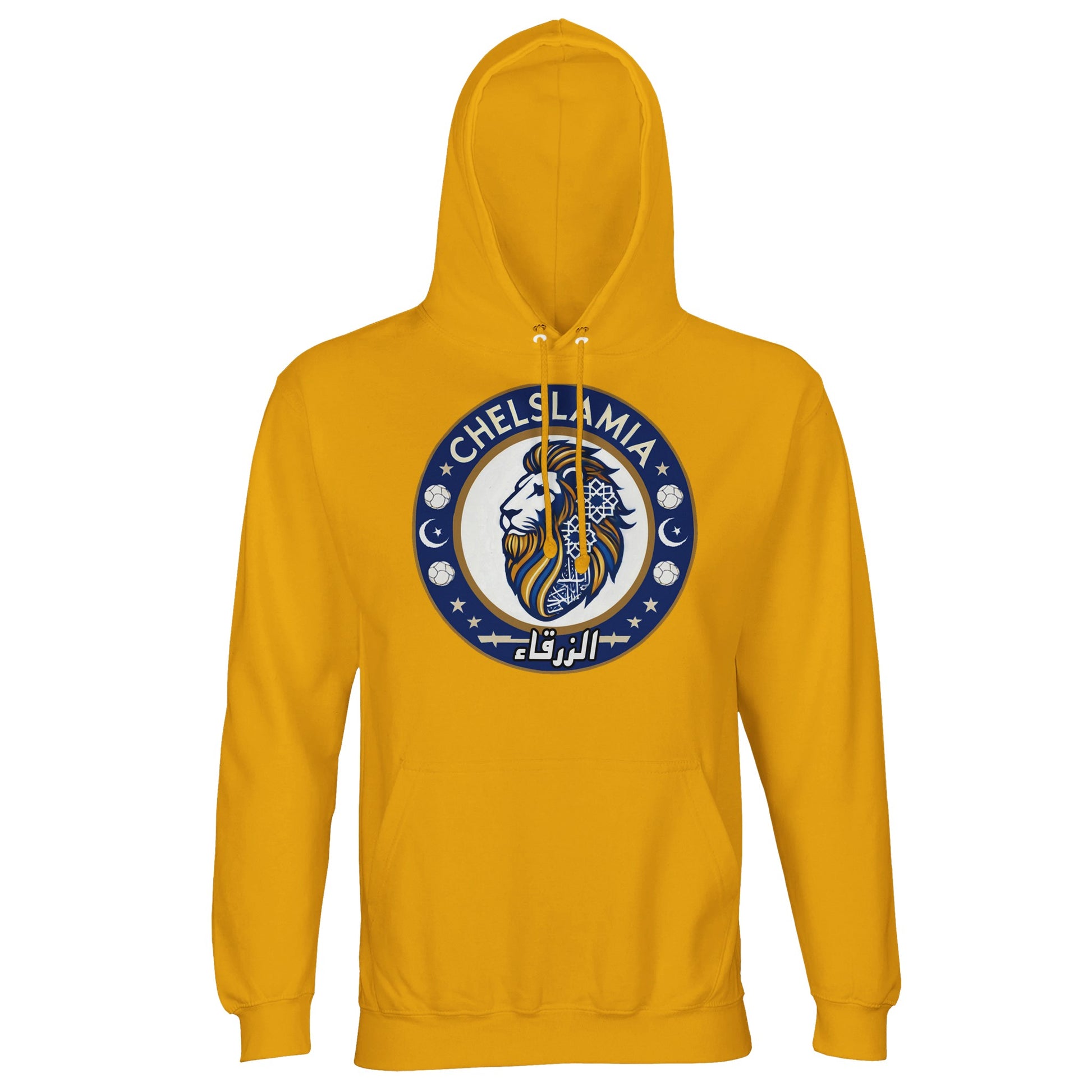 Muzlimize Chelslamia Part Recycled Unisex Cotton-Poly Hoodie. Gold / Gamboge Green Chelsea lion with Islamic geometric patterns, footballs, crescent moons, and Arabic text. A bold fusion of football culture, faith, and sustainable fashion for fans keeping blue flags flying high.