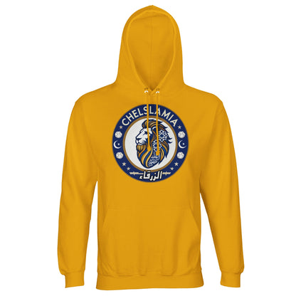 Muzlimize Chelslamia Part Recycled Unisex Cotton-Poly Hoodie. Gold / Gamboge Green Chelsea lion with Islamic geometric patterns, footballs, crescent moons, and Arabic text. A bold fusion of football culture, faith, and sustainable fashion for fans keeping blue flags flying high.