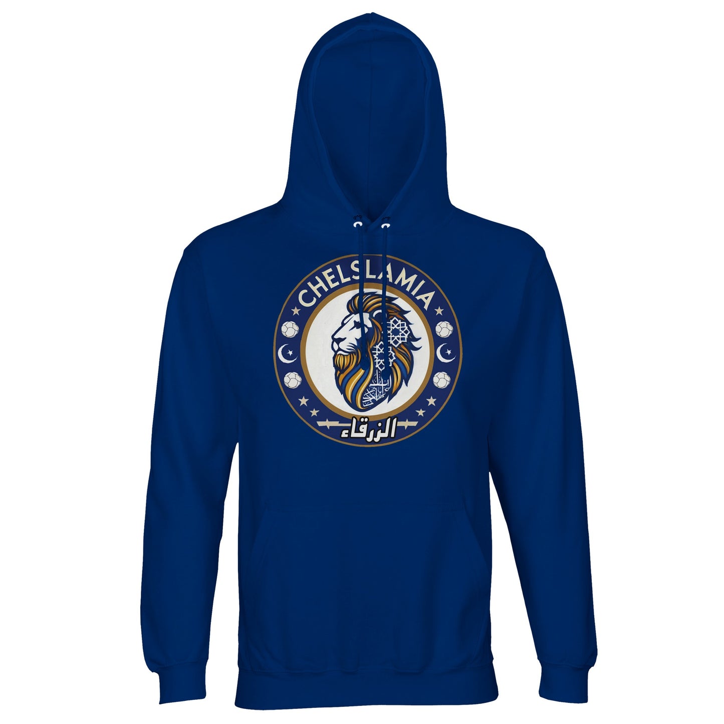 Muzlimize Chelslamia Part Recycled Unisex Cotton-Poly Hoodie. Royal Blue / Dark Midnight Blue Chelsea lion with Islamic geometric patterns, footballs, crescent moons, and Arabic text. A bold fusion of football culture, faith, and sustainable fashion for fans keeping blue flags flying high.