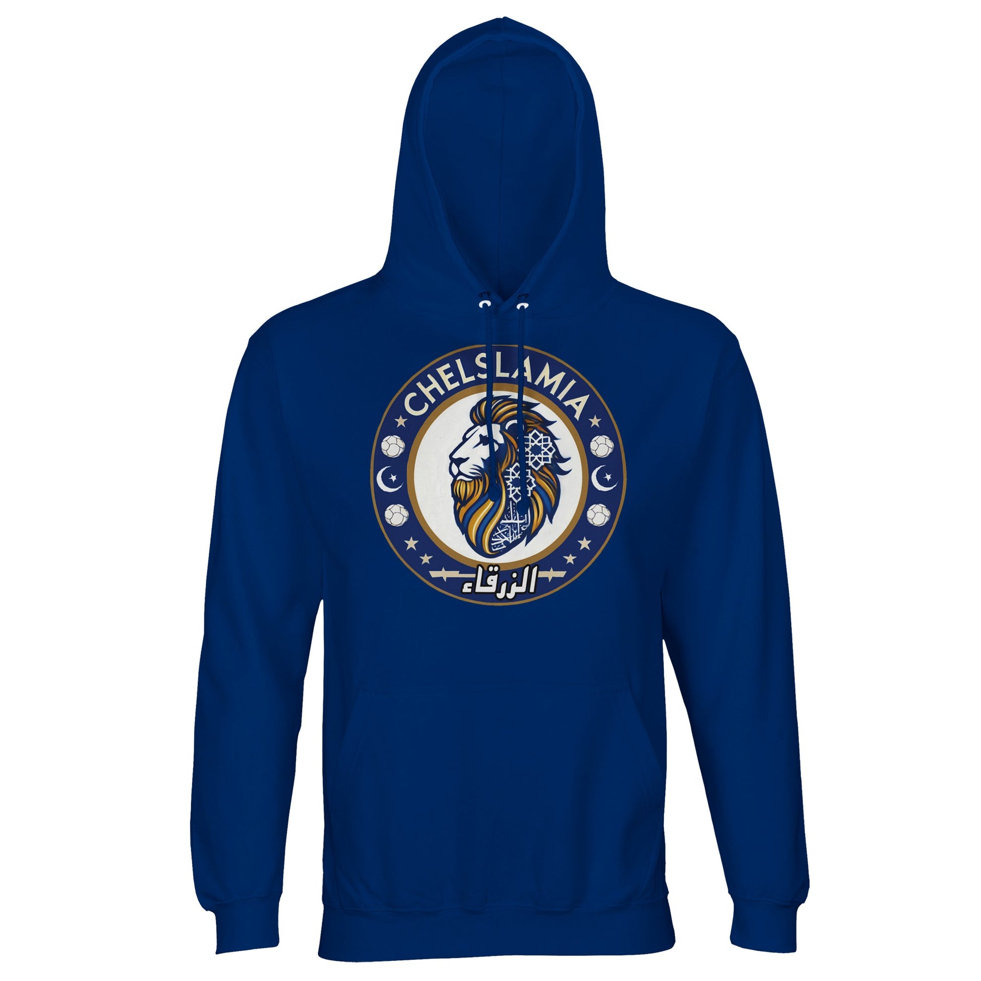 Muzlimize Chelslamia Part Recycled Unisex Cotton-Poly Hoodie. Royal Blue / Dark Midnight Blue Chelsea lion with Islamic geometric patterns, footballs, crescent moons, and Arabic text. A bold fusion of football culture, faith, and sustainable fashion for fans keeping blue flags flying high.