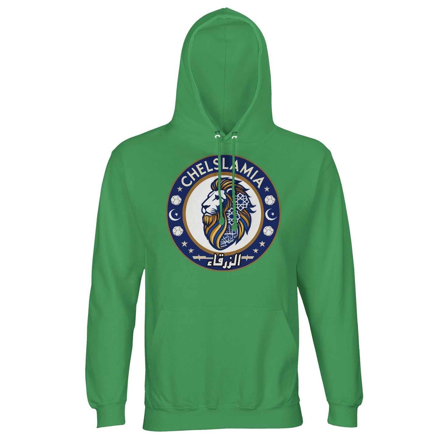 Muzlimize Chelslamia Part Recycled Unisex Cotton-Poly Hoodie. Spring Green / Forest Green Chelsea lion with Islamic geometric patterns, footballs, crescent moons, and Arabic text. A bold fusion of football culture, faith, and sustainable fashion for fans keeping blue flags flying high.