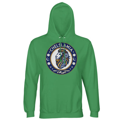 Muzlimize Chelslamia Part Recycled Unisex Cotton-Poly Hoodie. Spring Green / Forest Green Chelsea lion with Islamic geometric patterns, footballs, crescent moons, and Arabic text. A bold fusion of football culture, faith, and sustainable fashion for fans keeping blue flags flying high.