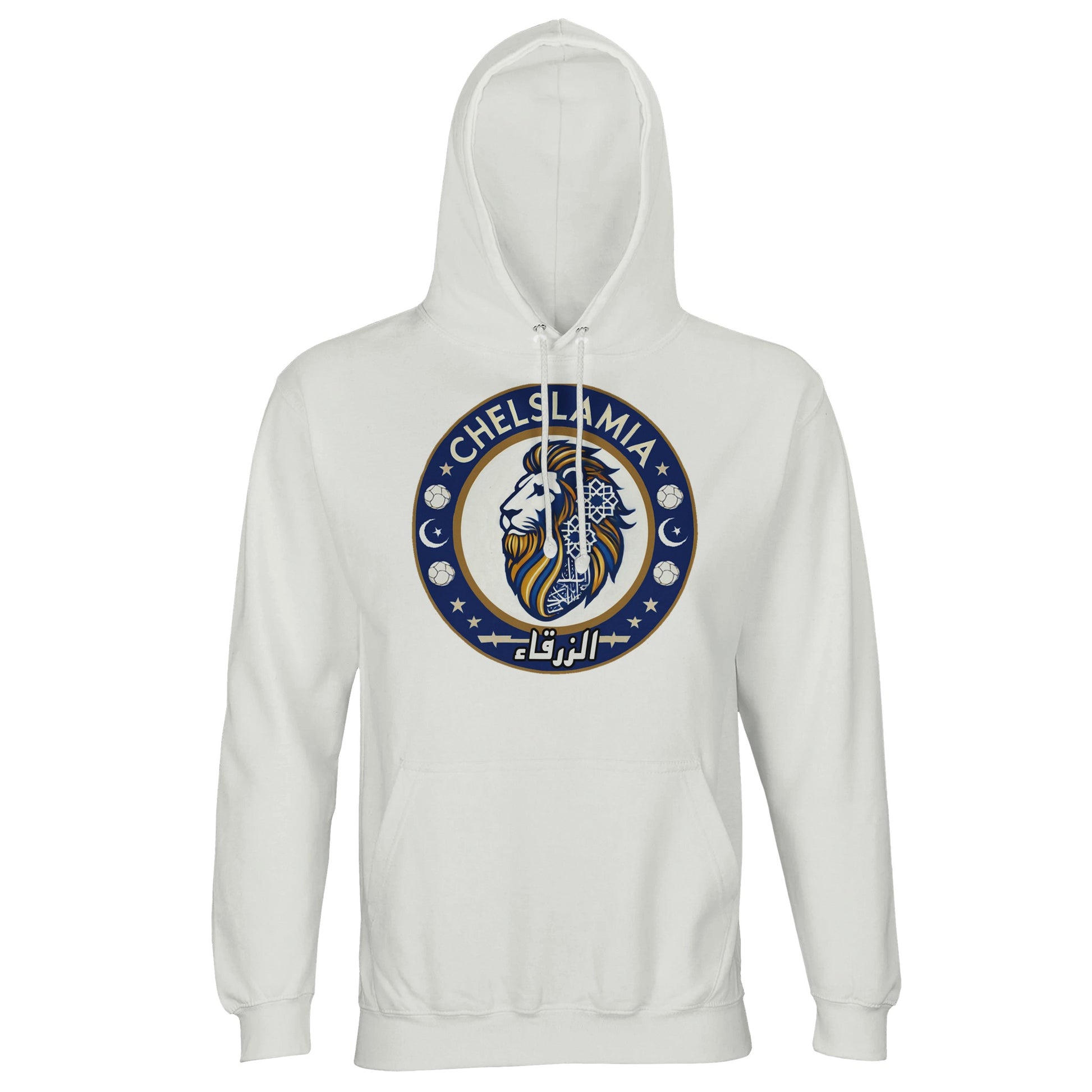 Muzlimize Chelslamia Part Recycled Unisex Cotton-Poly Hoodie. White / Platinum Chelsea lion with Islamic geometric patterns, footballs, crescent moons, and Arabic text. A bold fusion of football culture, faith, and sustainable fashion for fans keeping blue flags flying high.