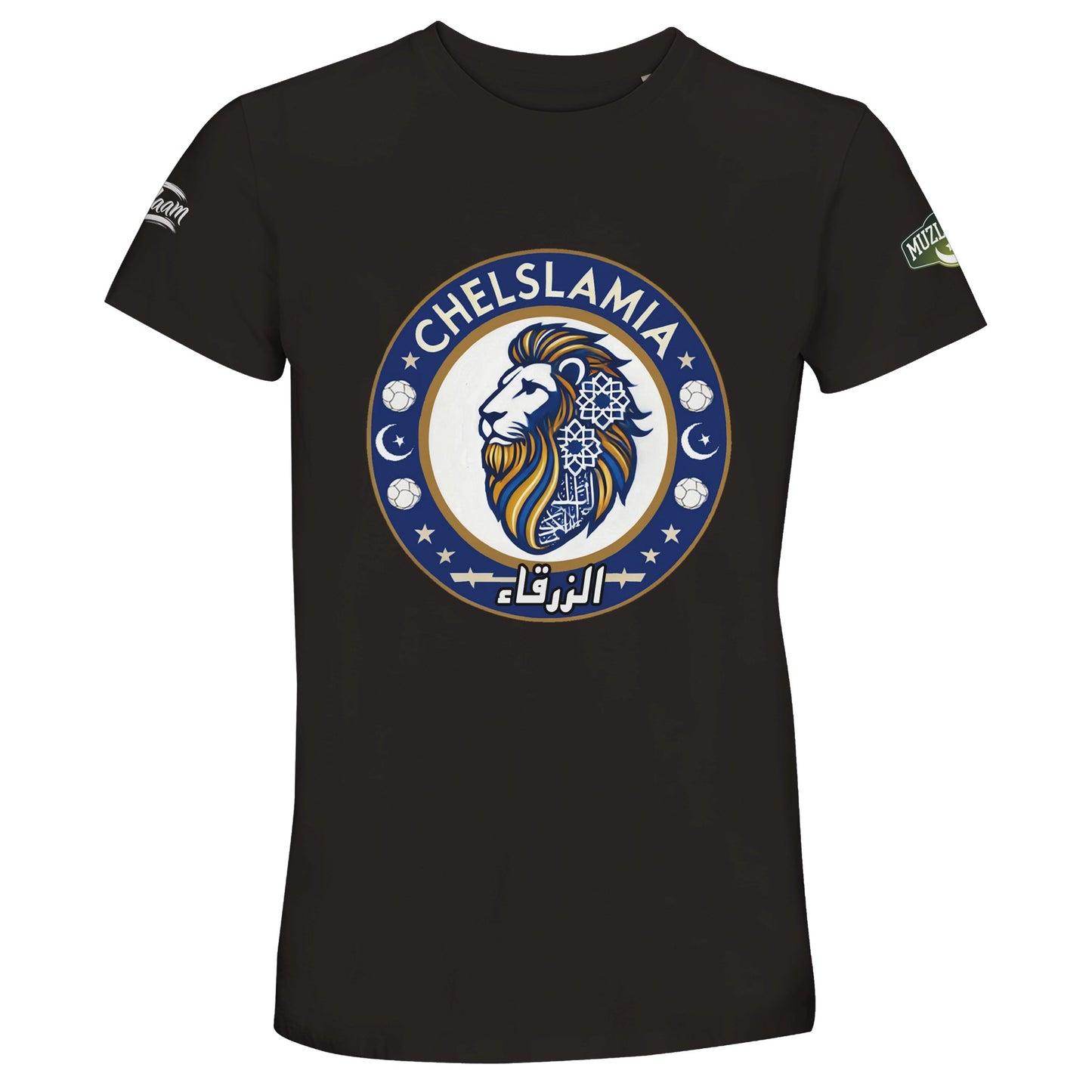 Muzlimize Chelslamia Recycled Unisex Cotton T-Shirt. Deep Black / Zeus Chelsea lion with Islamic geometric patterns, footballs, crescent moons, and Arabic text. A bold fusion of football culture, faith, and sustainable fashion for fans keeping blue flags flying high.