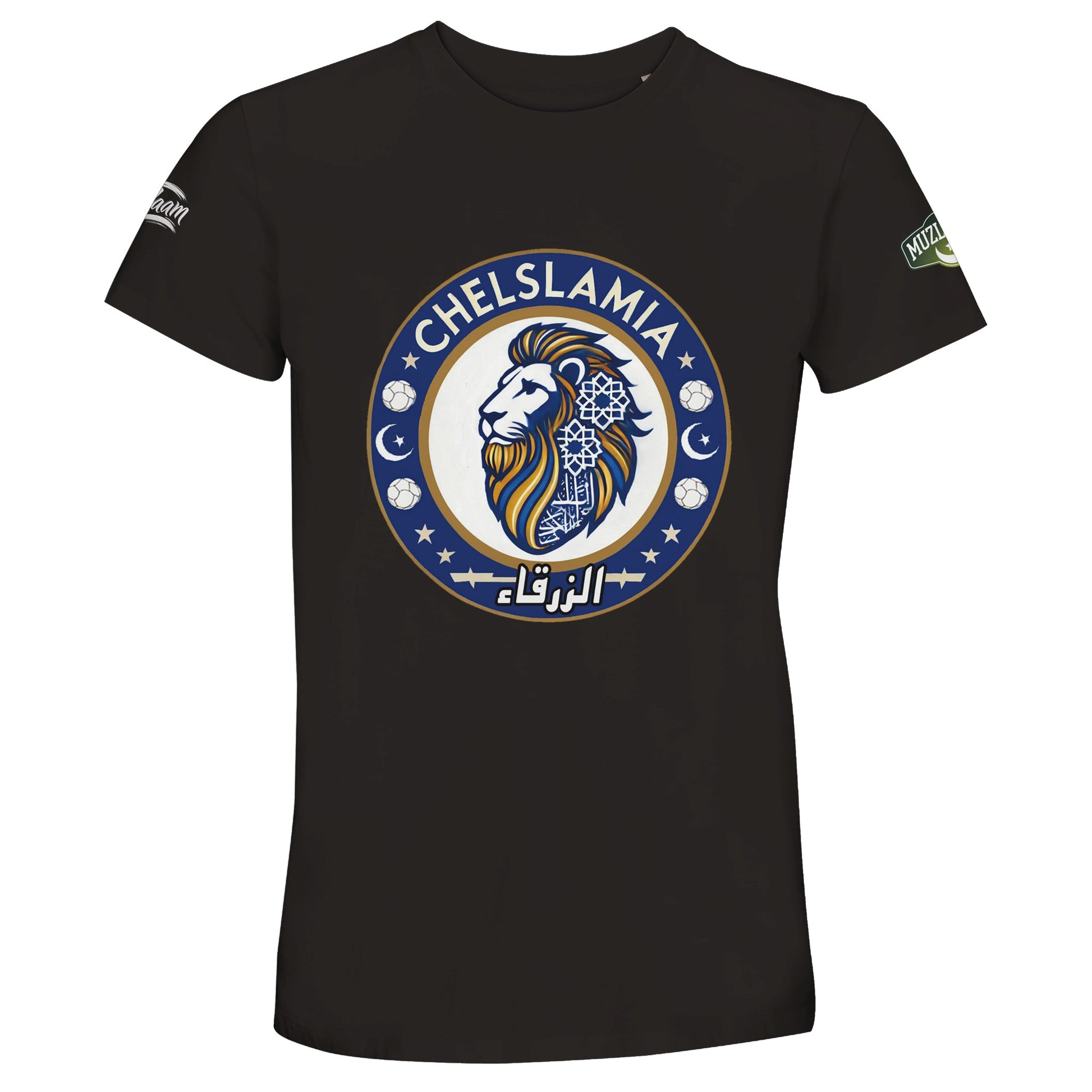 Muzlimize Chelslamia Recycled Unisex Cotton T-Shirt. Deep Black / Zeus Chelsea lion with Islamic geometric patterns, footballs, crescent moons, and Arabic text. A bold fusion of football culture, faith, and sustainable fashion for fans keeping blue flags flying high.