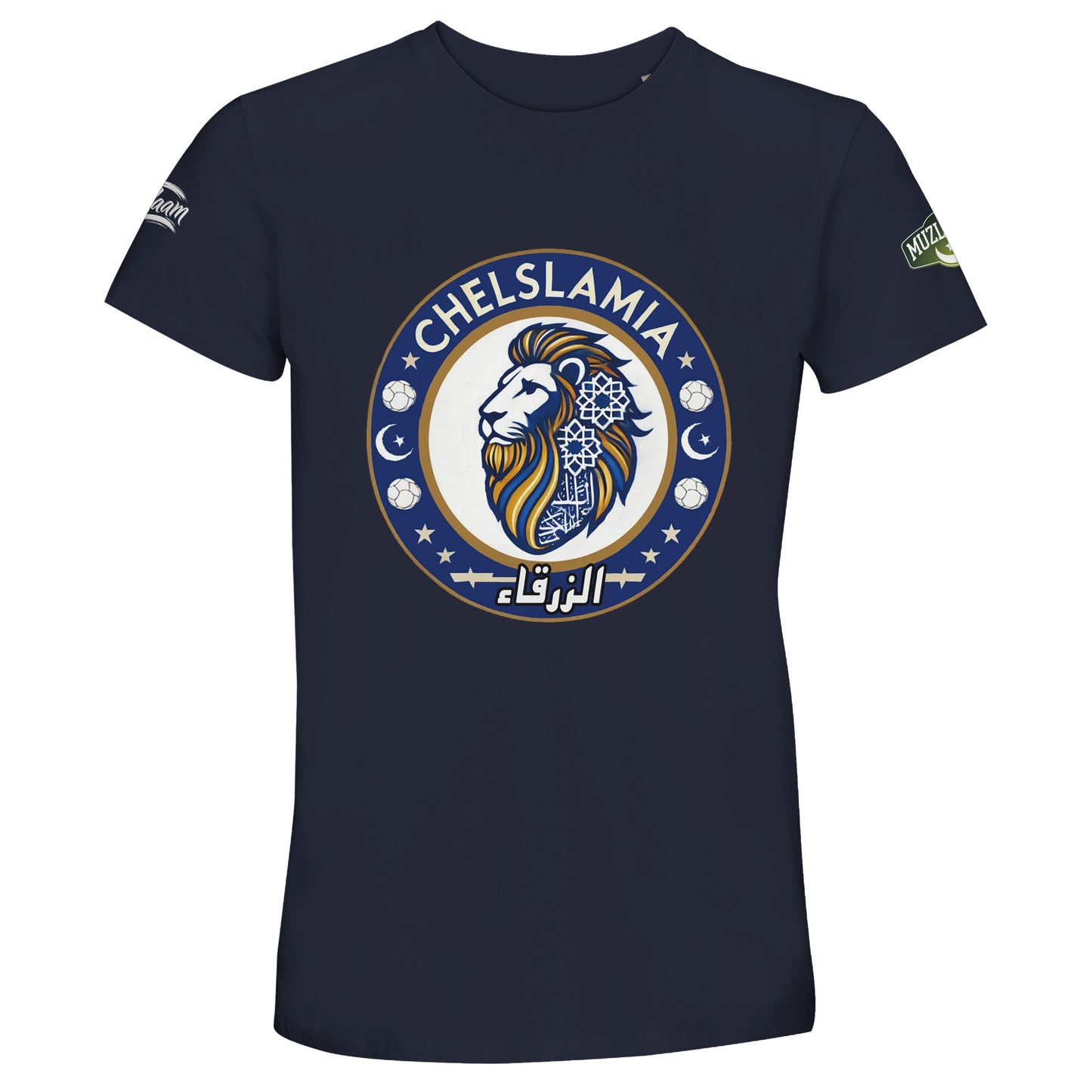 Muzlimize Chelslamia Recycled Unisex Cotton T-Shirt. French Navy / Ebony Clay / #272938 Chelsea lion with Islamic geometric patterns, footballs, crescent moons, and Arabic text. A bold fusion of football culture, faith, and sustainable fashion for fans keeping blue flags flying high.