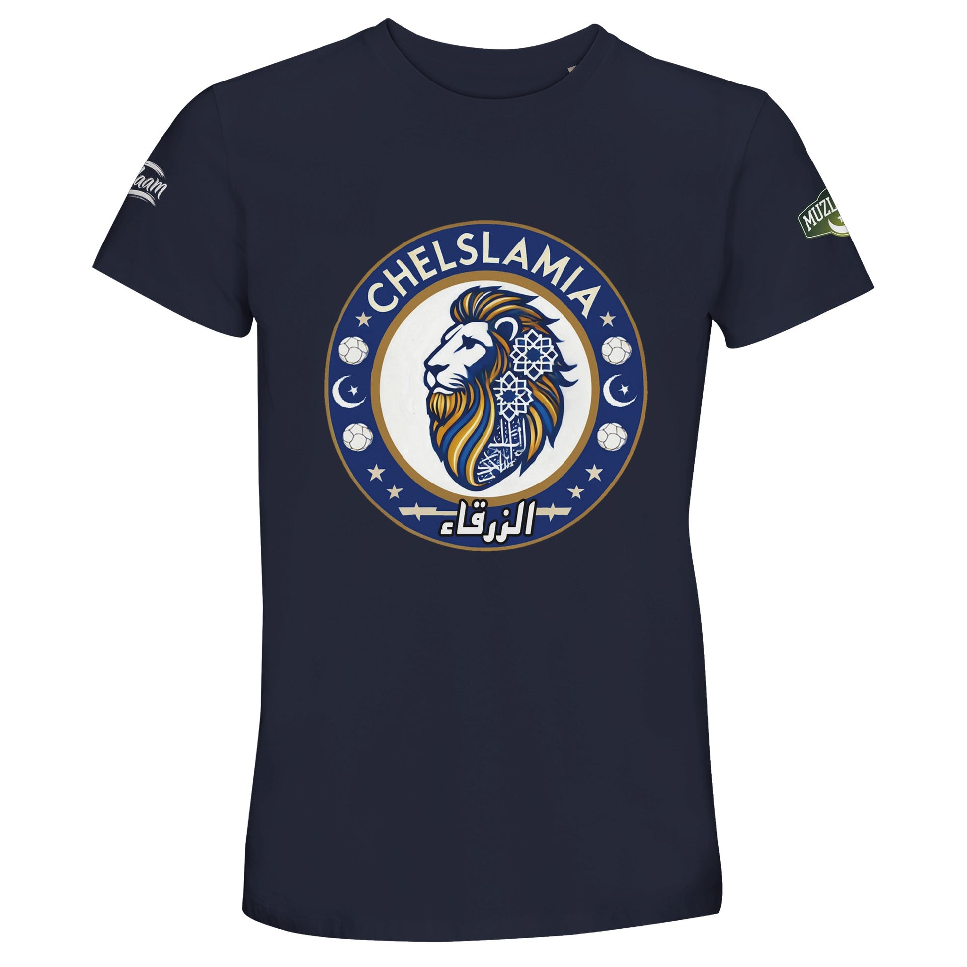 Muzlimize Chelslamia Recycled Unisex Cotton T-Shirt. French Navy / Ebony Clay / #272938 Chelsea lion with Islamic geometric patterns, footballs, crescent moons, and Arabic text. A bold fusion of football culture, faith, and sustainable fashion for fans keeping blue flags flying high.