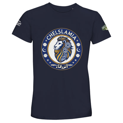 Muzlimize Chelslamia Recycled Unisex Cotton T-Shirt. French Navy / Ebony Clay / #272938 Chelsea lion with Islamic geometric patterns, footballs, crescent moons, and Arabic text. A bold fusion of football culture, faith, and sustainable fashion for fans keeping blue flags flying high.