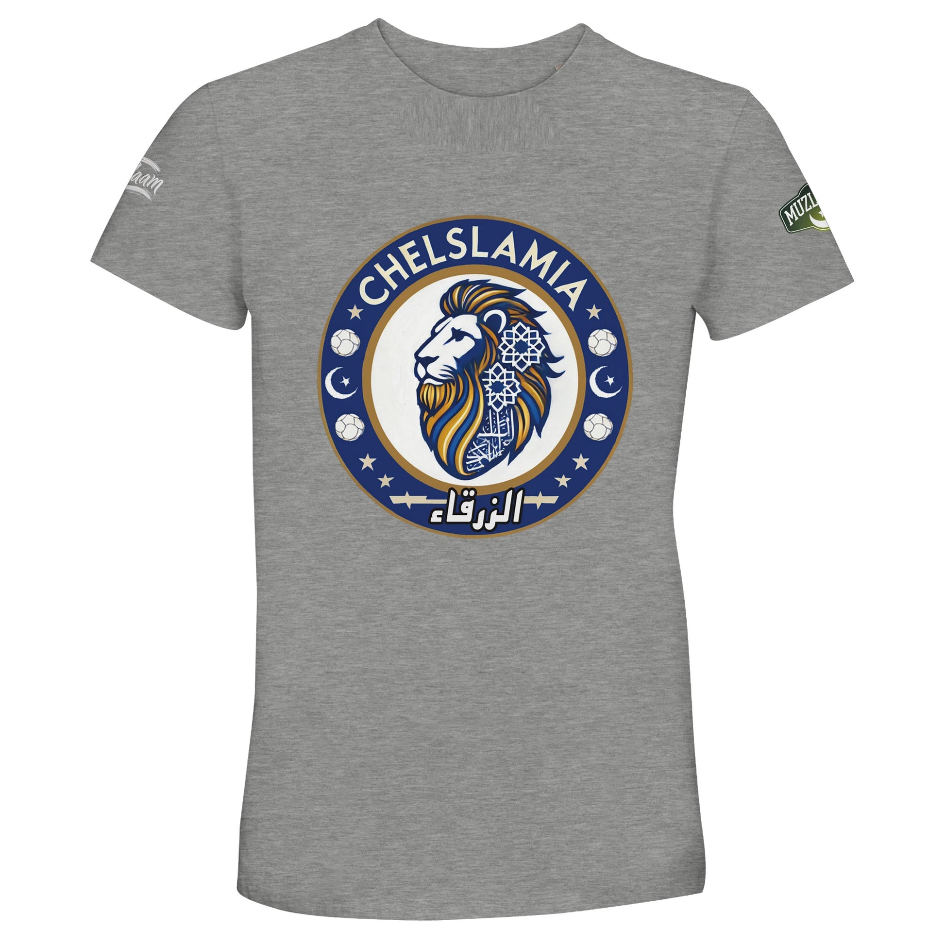 Muzlimize Chelslamia Recycled Unisex Cotton T-Shirt. Grey Melange Chelsea lion with Islamic geometric patterns, footballs, crescent moons, and Arabic text. A bold fusion of football culture, faith, and sustainable fashion for fans keeping blue flags flying high.