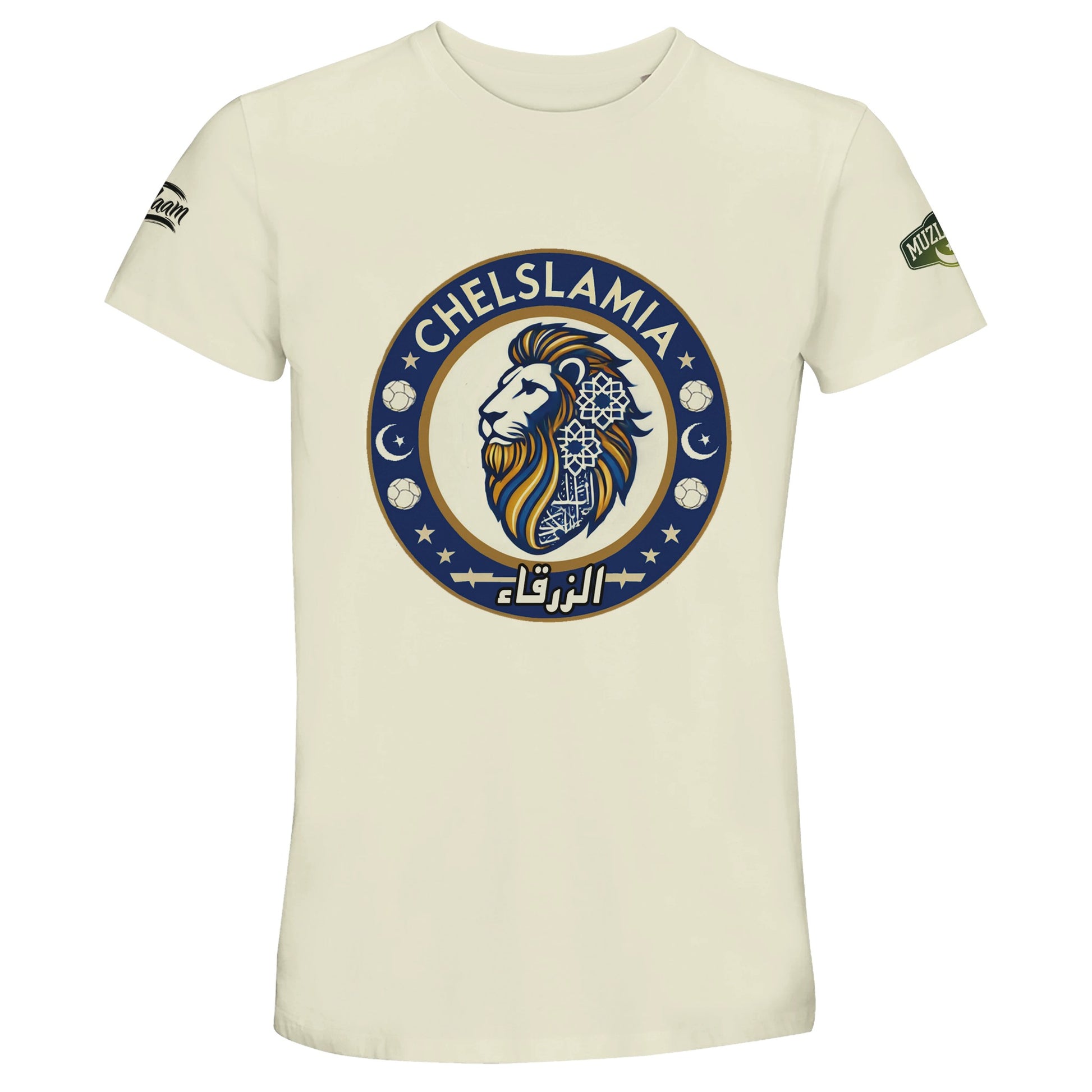 Muzlimize Chelslamia Recycled Unisex Cotton T-Shirt. Natural / Moon Mist / Satin Linen / #E4DFCB Chelsea lion with Islamic geometric patterns, footballs, crescent moons, and Arabic text. A bold fusion of football culture, faith, and sustainable fashion for fans keeping blue flags flying high.