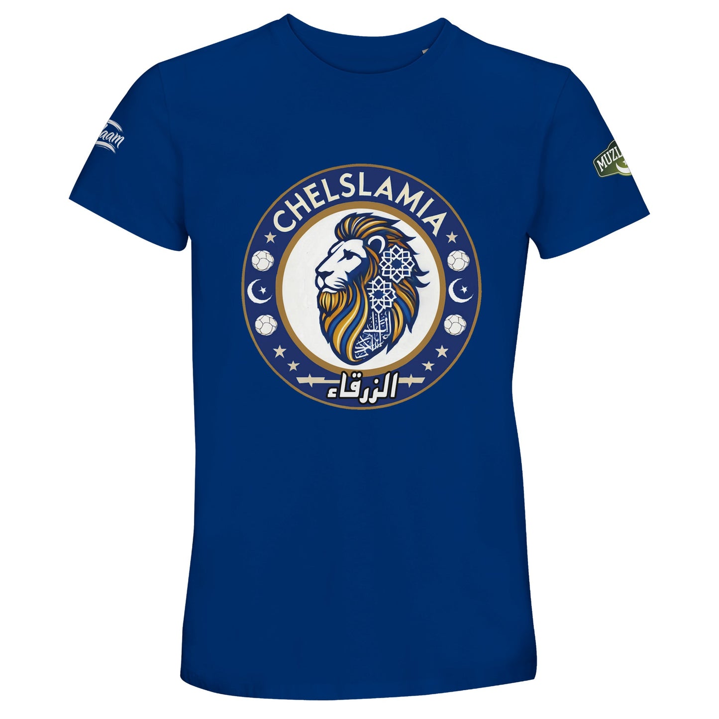Muzlimize Chelslamia Recycled Unisex Cotton T-Shirt. Royal Blue / Dark Midnight Blue / #012E69 Chelsea lion with Islamic geometric patterns, footballs, crescent moons, and Arabic text. A bold fusion of football culture, faith, and sustainable fashion for fans keeping blue flags flying high.