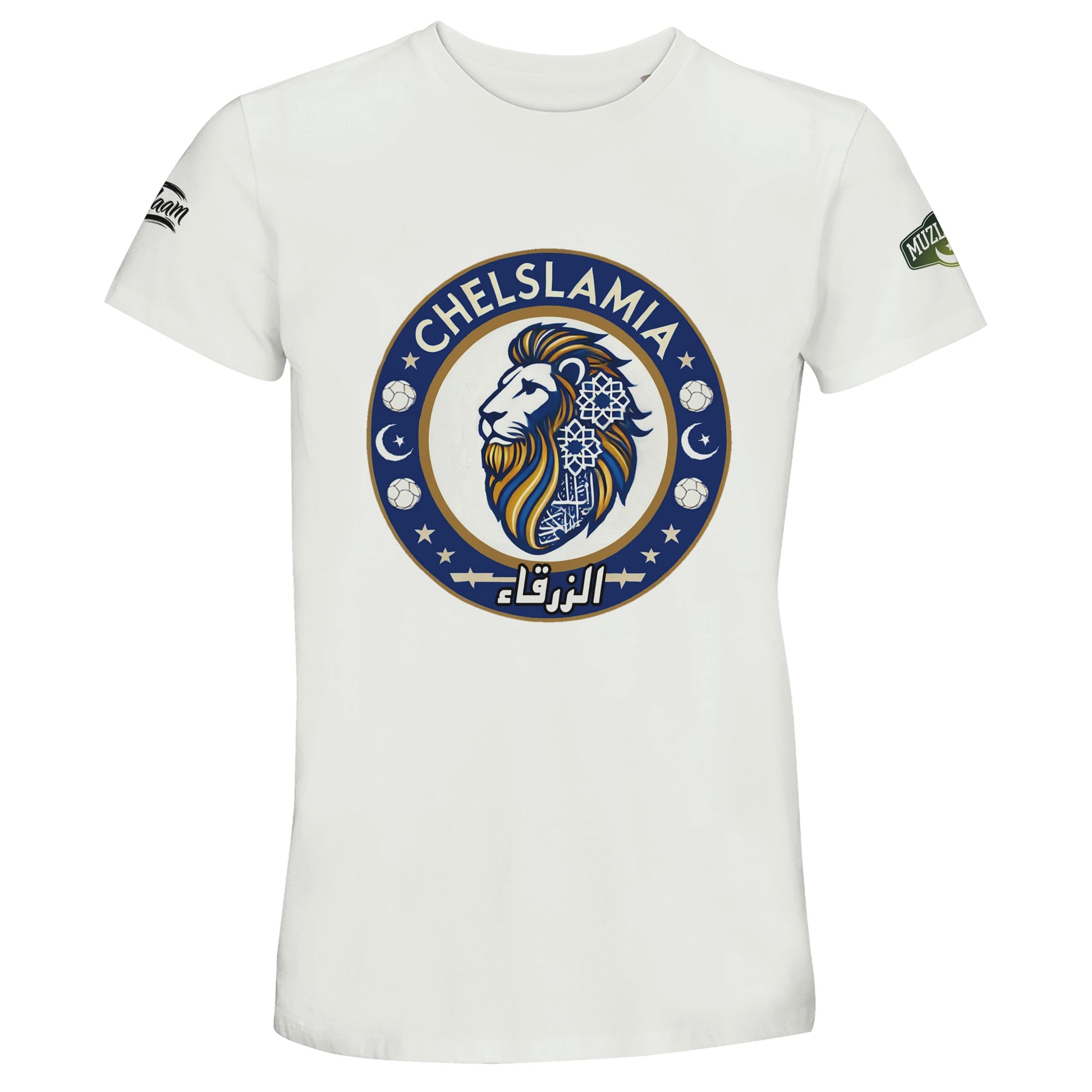 Muzlimize Chelslamia Recycled Unisex Cotton T-Shirt. White / Platinum Chelsea lion with Islamic geometric patterns, footballs, crescent moons, and Arabic text. A bold fusion of football culture, faith, and sustainable fashion for fans keeping blue flags flying high.