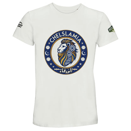 Muzlimize Chelslamia Recycled Unisex Cotton T-Shirt. White / Platinum Chelsea lion with Islamic geometric patterns, footballs, crescent moons, and Arabic text. A bold fusion of football culture, faith, and sustainable fashion for fans keeping blue flags flying high.