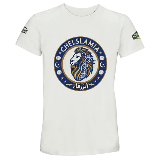 Muzlimize Chelslamia Recycled Unisex Cotton T-Shirt. White / Platinum Chelsea lion with Islamic geometric patterns, footballs, crescent moons, and Arabic text. A bold fusion of football culture, faith, and sustainable fashion for fans keeping blue flags flying high.