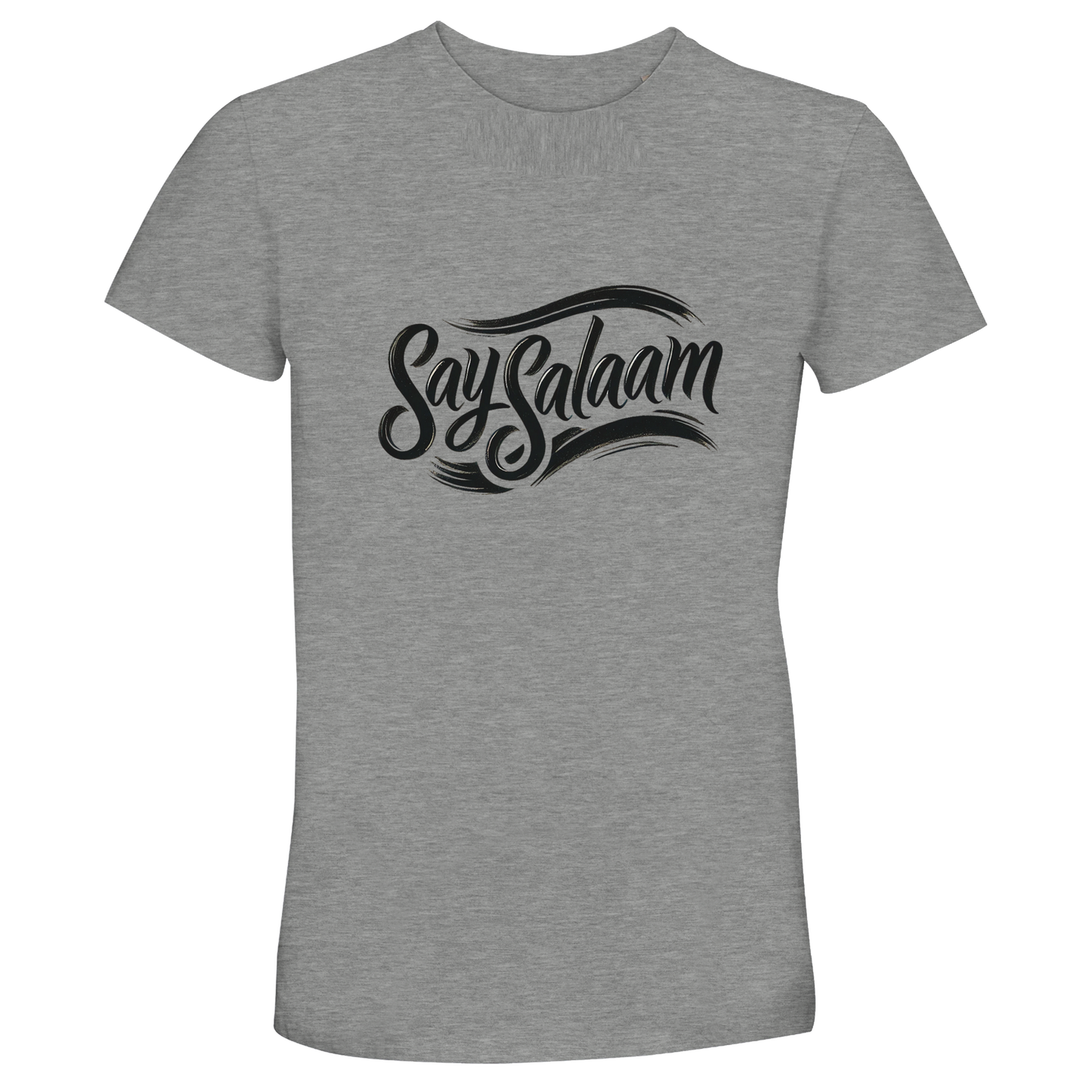 Say Salaam Classic 50% Recycled Unisex Cotton T-Shirt in Grey Melange, a heather grey marl tone also known as classic athletic grey blend. The black Say Salaam script logo stands out clearly against the textured grey base. Short-sleeve crew neck construction using 35% cotton, 50% recycled cotton and 15% viscose ensures softness and breathable comfort. Designed as a sustainable unisex t-shirt for modest fashion, football supporters, casual streetwear and everyday wear.