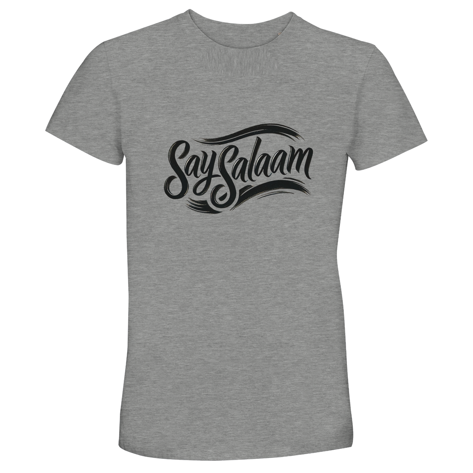 Say Salaam Classic 50% Recycled Unisex Cotton T-Shirt in Grey Melange, a heather grey marl tone also known as classic athletic grey blend. The black Say Salaam script logo stands out clearly against the textured grey base. Short-sleeve crew neck construction using 35% cotton, 50% recycled cotton and 15% viscose ensures softness and breathable comfort. Designed as a sustainable unisex t-shirt for modest fashion, football supporters, casual streetwear and everyday wear.
