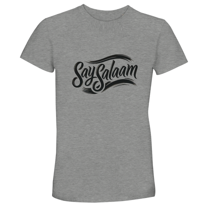 Say Salaam Classic 50% Recycled Unisex Cotton T-Shirt in Grey Melange, a heather grey marl tone also known as classic athletic grey blend. The black Say Salaam script logo stands out clearly against the textured grey base. Short-sleeve crew neck construction using 35% cotton, 50% recycled cotton and 15% viscose ensures softness and breathable comfort. Designed as a sustainable unisex t-shirt for modest fashion, football supporters, casual streetwear and everyday wear.