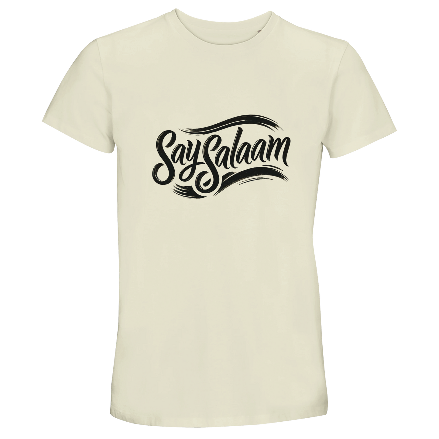Say Salaam Classic 50% Recycled Unisex Cotton T-Shirt in Natural, a soft beige tone similar to satin linen with warm neutral undertones. Finished with contrasting black Say Salaam script logo across the chest. Short-sleeve crew neck silhouette made from 35% cotton, 50% recycled cotton and 15% viscose for comfort and drape. This versatile unisex tee pairs effortlessly with denim, joggers and modest outfits, offering sustainable streetwear styling for football culture and everyday expression.