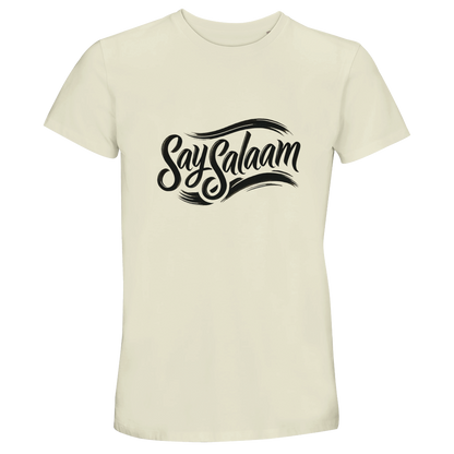 Say Salaam Classic 50% Recycled Unisex Cotton T-Shirt in Natural, a soft beige tone similar to satin linen with warm neutral undertones. Finished with contrasting black Say Salaam script logo across the chest. Short-sleeve crew neck silhouette made from 35% cotton, 50% recycled cotton and 15% viscose for comfort and drape. This versatile unisex tee pairs effortlessly with denim, joggers and modest outfits, offering sustainable streetwear styling for football culture and everyday expression.