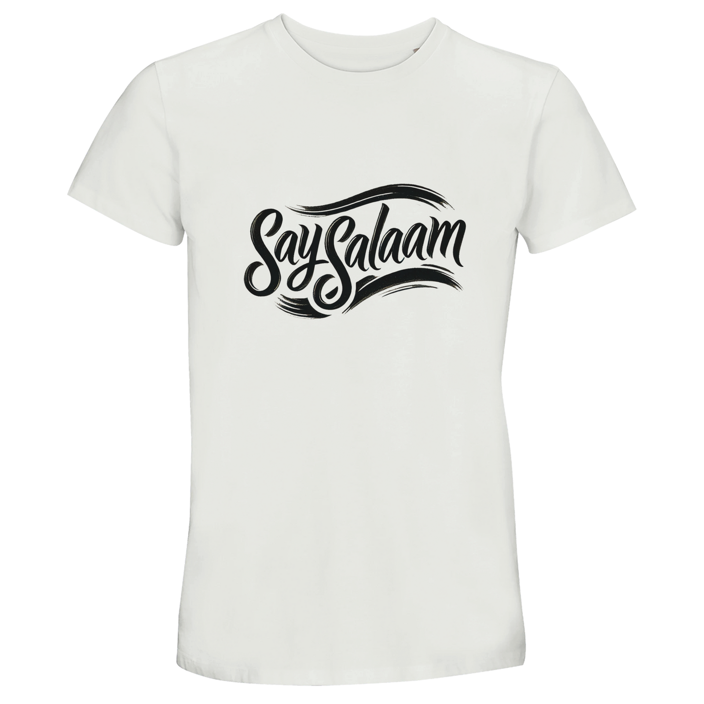 Say Salaam Classic 50% Recycled Unisex Cotton T-Shirt in White, a crisp white tone also described as platinum white with a clean bright finish. Features bold black Say Salaam script logo across the chest for high contrast and strong visual identity. Short-sleeve crew neck design crafted from 35% cotton, 50% recycled cotton and 15% viscose for softness and breathability. A lightweight modest streetwear staple ideal for football fans, everyday wear, summer layering and faith-inspired unisex fashion.