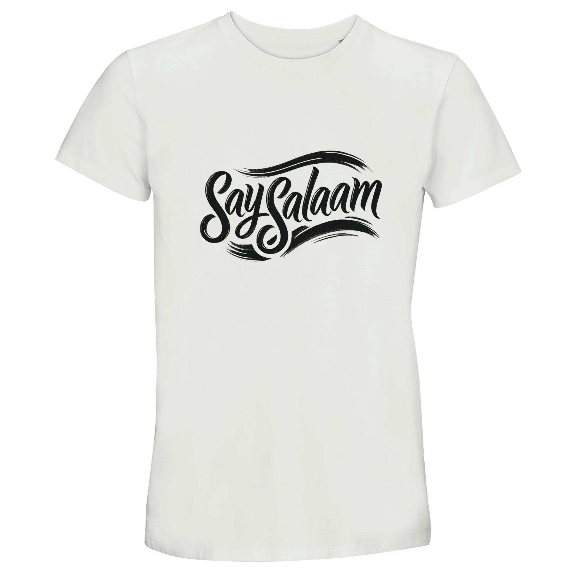 Say Salaam Classic 50% Recycled Unisex Cotton T-Shirt in White, a crisp white tone also described as platinum white with a clean bright finish. Features bold black Say Salaam script logo across the chest for high contrast and strong visual identity. Short-sleeve crew neck design crafted from 35% cotton, 50% recycled cotton and 15% viscose for softness and breathability. A lightweight modest streetwear staple ideal for football fans, everyday wear, summer layering and faith-inspired unisex fashion.