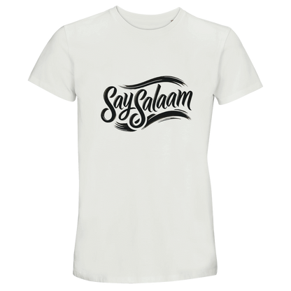 Say Salaam Classic 50% Recycled Unisex Cotton T-Shirt in White, a crisp white tone also described as platinum white with a clean bright finish. Features bold black Say Salaam script logo across the chest for high contrast and strong visual identity. Short-sleeve crew neck design crafted from 35% cotton, 50% recycled cotton and 15% viscose for softness and breathability. A lightweight modest streetwear staple ideal for football fans, everyday wear, summer layering and faith-inspired unisex fashion.