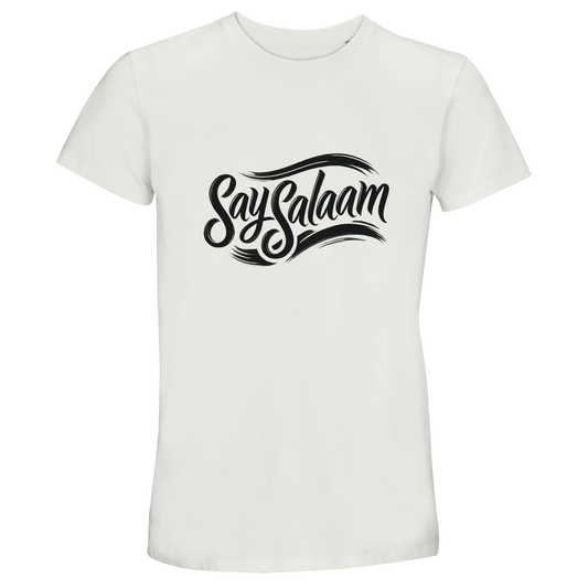 Say Salaam Classic 50% Recycled Unisex Cotton T-Shirt in White, a crisp white tone also described as platinum white with a clean bright finish. Features bold black Say Salaam script logo across the chest for high contrast and strong visual identity. Short-sleeve crew neck design crafted from 35% cotton, 50% recycled cotton and 15% viscose for softness and breathability. A lightweight modest streetwear staple ideal for football fans, everyday wear, summer layering and faith-inspired unisex fashion.