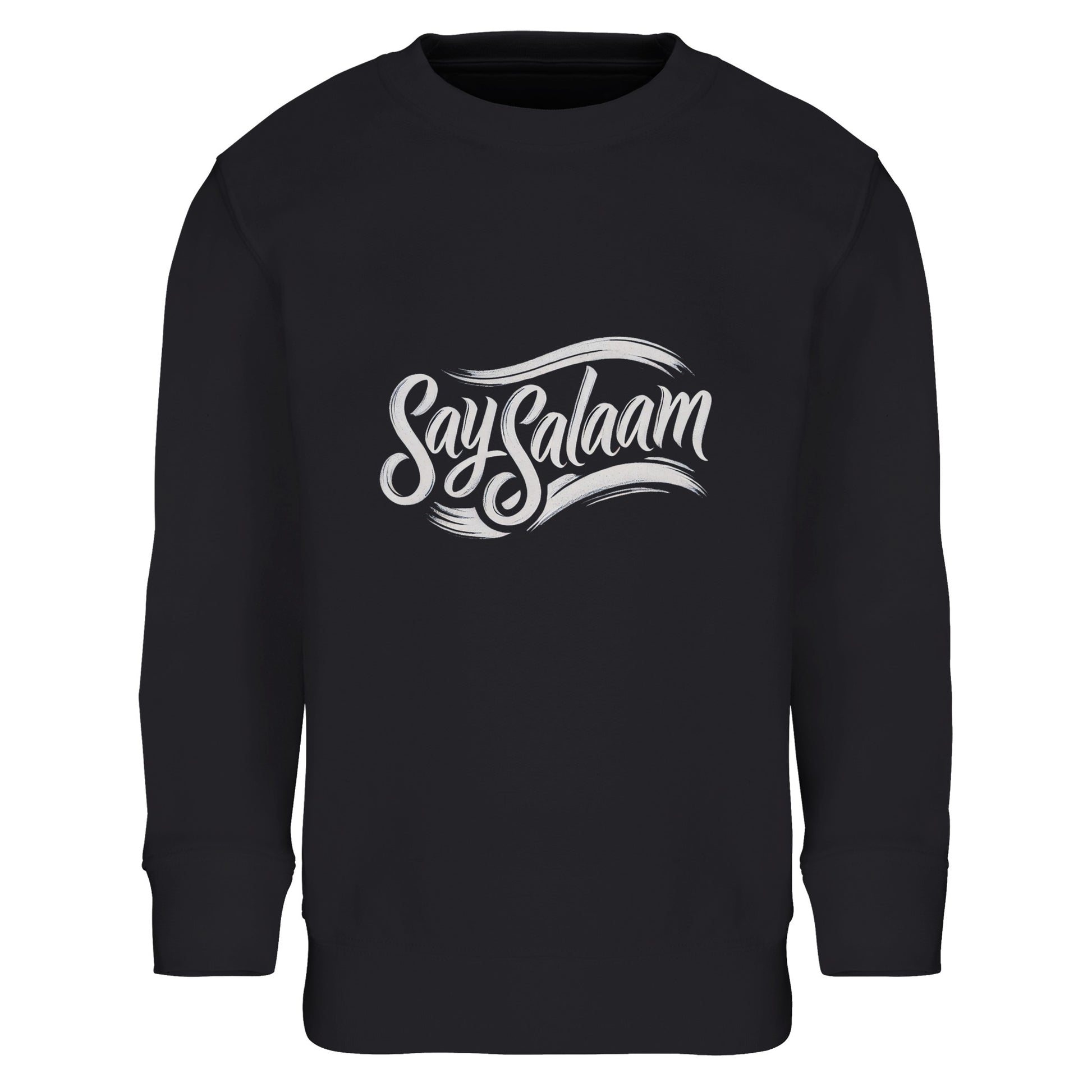 Say Salaam Classic Part-Recycled Cotton-Poly Kids Sweatshirt in Black, a deep black jet tone comparable to Zeus charcoal black. Features contrasting white Say Salaam script logo. Constructed from 80% cotton and 20% recycled polyester with brushed fleece interior for warmth. Ribbed cuffs and hem ensure durability for everyday wear, sports and modest children’s fashion.