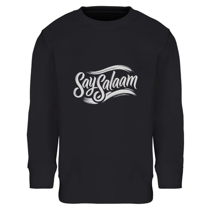 Say Salaam Classic Part-Recycled Cotton-Poly Kids Sweatshirt in Black, a deep black jet tone comparable to Zeus charcoal black. Features contrasting white Say Salaam script logo. Constructed from 80% cotton and 20% recycled polyester with brushed fleece interior for warmth. Ribbed cuffs and hem ensure durability for everyday wear, sports and modest children’s fashion.