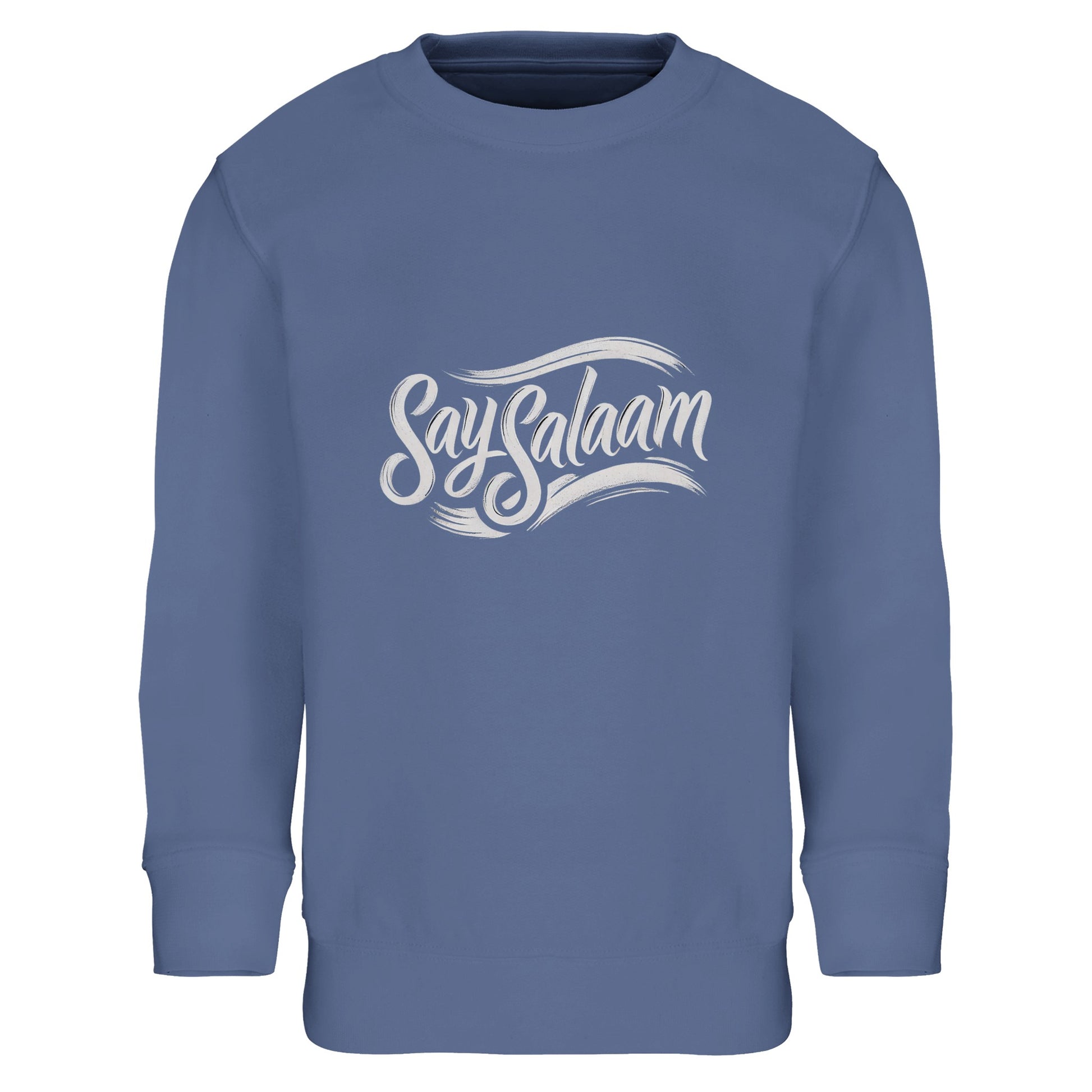 Say Salaam Classic Part-Recycled Cotton-Poly Kids Sweatshirt in Blue, a classic mid blue shade with subtle marble blue influence. Finished with white chest logo detailing. Made from an 80% cotton and 20% recycled polyester blend with soft brushed fleece interior. Ribbed trims enhance durability for active school days, sports clubs and faith-inspired everyday children’s fashion.