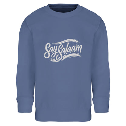 Say Salaam Classic Part-Recycled Cotton-Poly Kids Sweatshirt in Blue, a classic mid blue shade with subtle marble blue influence. Finished with white chest logo detailing. Made from an 80% cotton and 20% recycled polyester blend with soft brushed fleece interior. Ribbed trims enhance durability for active school days, sports clubs and faith-inspired everyday children’s fashion.