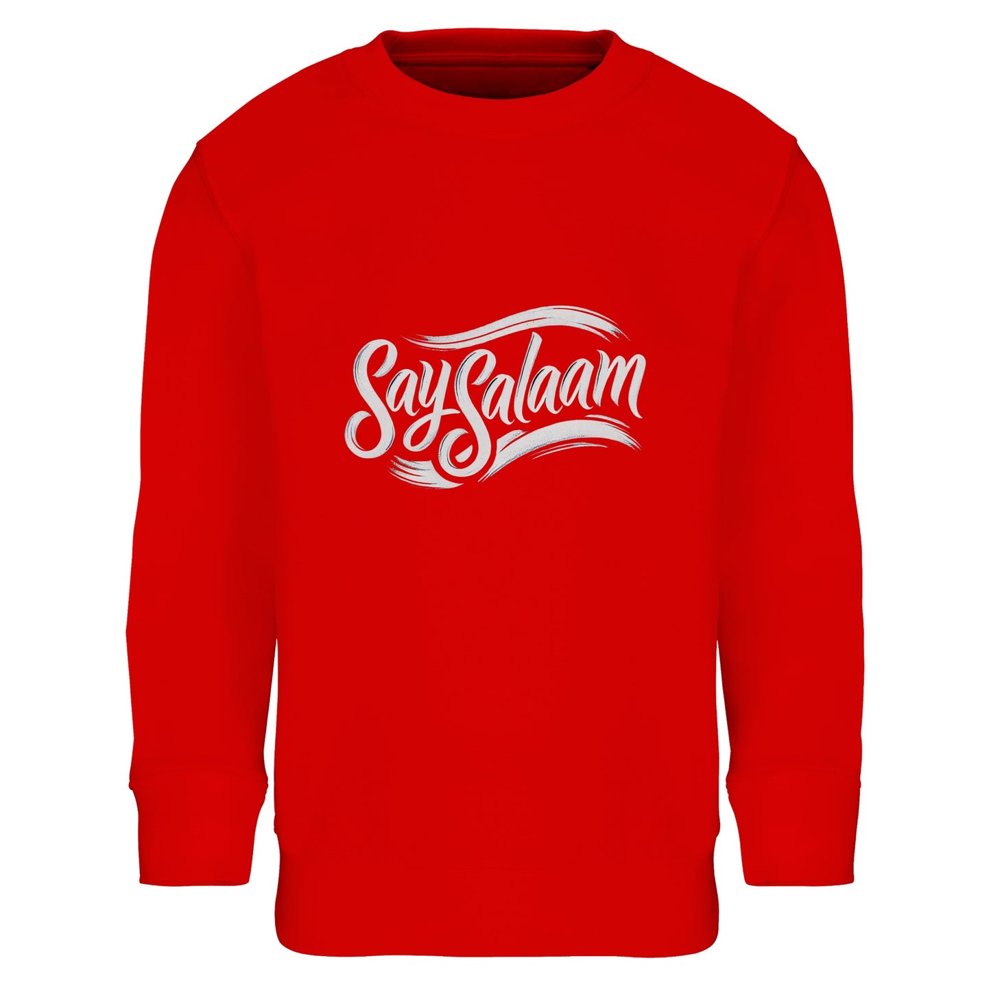 Say Salaam Classic Part-Recycled Cotton-Poly Kids Sweatshirt in Bright Red, a bold scarlet tone comparable to Rosso Corsa racing red. Displays high-contrast white chest logo. Made from 80% cotton and 20% recycled polyester with brushed fleece interior. Ribbed trims maintain structure through sport, school and weekend wear. A confident modest kids sweatshirt for boys and girls.