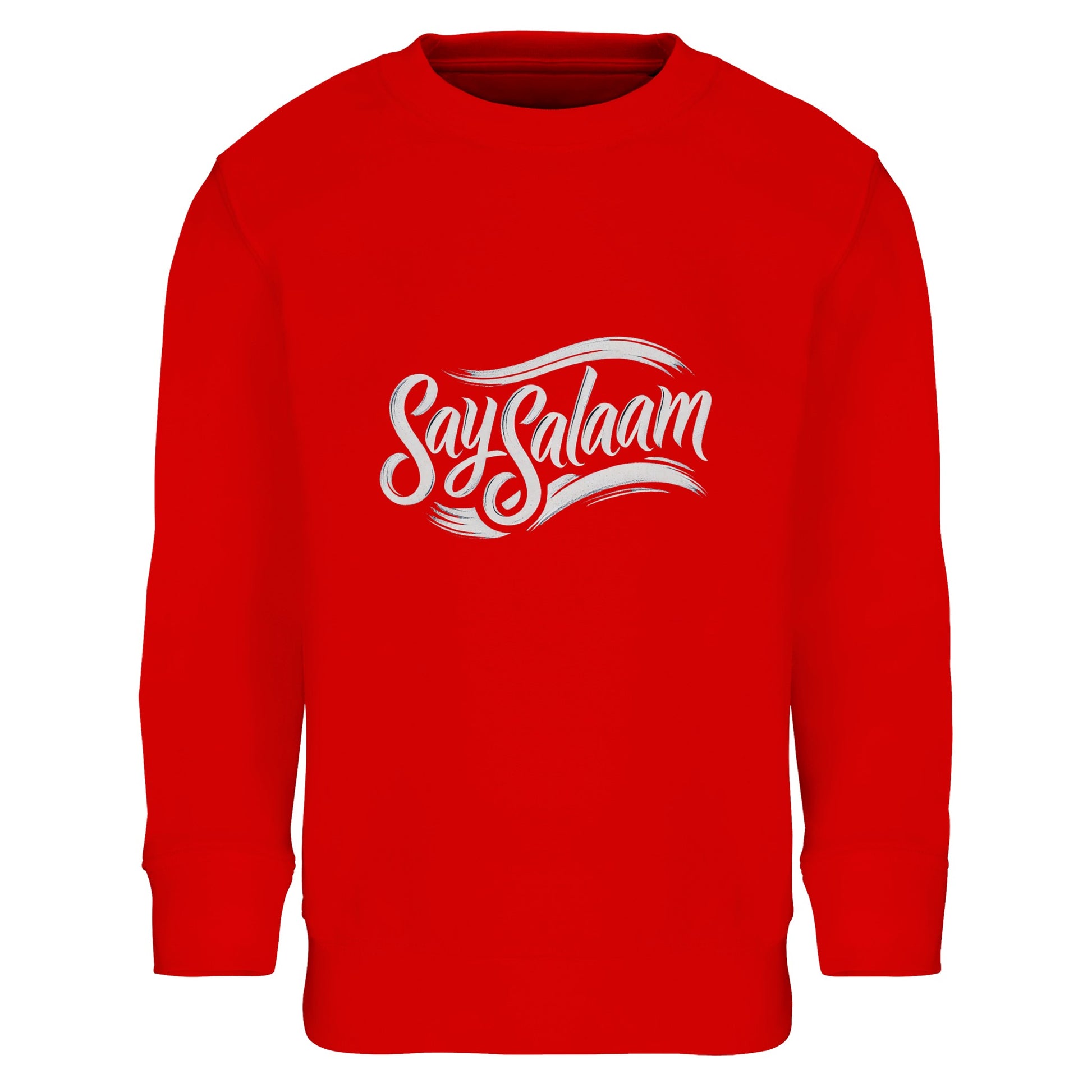 Say Salaam Classic Part-Recycled Cotton-Poly Kids Sweatshirt in Bright Red, a bold scarlet tone comparable to Rosso Corsa racing red. Displays high-contrast white chest logo. Made from 80% cotton and 20% recycled polyester with brushed fleece interior. Ribbed trims maintain structure through sport, school and weekend wear. A confident modest kids sweatshirt for boys and girls.