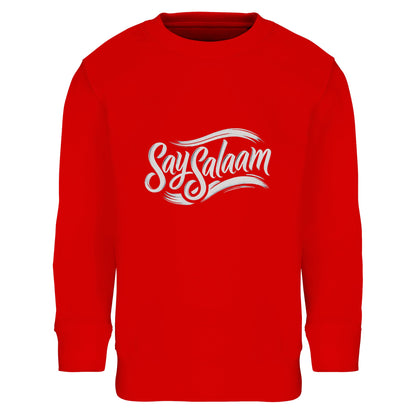Say Salaam Classic Part-Recycled Cotton-Poly Kids Sweatshirt in Bright Red, a bold scarlet tone comparable to Rosso Corsa racing red. Displays high-contrast white chest logo. Made from 80% cotton and 20% recycled polyester with brushed fleece interior. Ribbed trims maintain structure through sport, school and weekend wear. A confident modest kids sweatshirt for boys and girls.