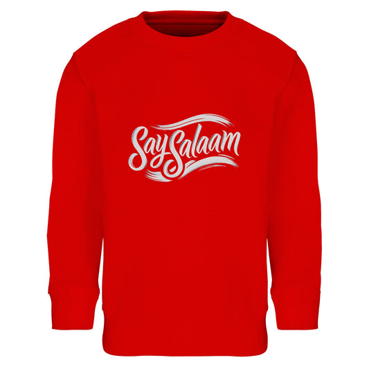 Say Salaam Classic Part-Recycled Cotton-Poly Kids Sweatshirt in Bright Red, a bold scarlet tone comparable to Rosso Corsa racing red. Displays high-contrast white chest logo. Made from 80% cotton and 20% recycled polyester with brushed fleece interior. Ribbed trims maintain structure through sport, school and weekend wear. A confident modest kids sweatshirt for boys and girls.